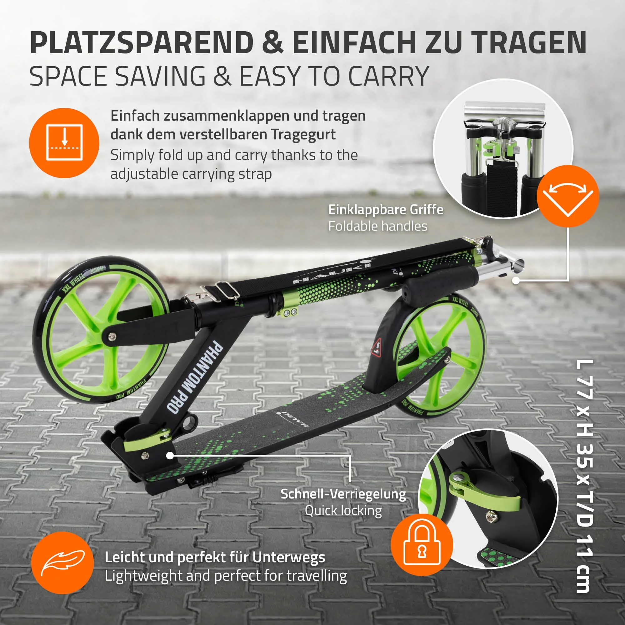 Cityroller Scooter klappbar & höhenverstellbar, XXL-Räder, Tritt-Bremse, mit Ständer & Tragegurt - Image 9