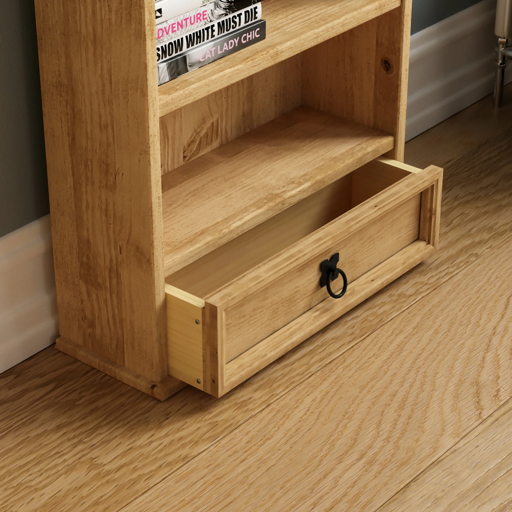 Corona Bücherregal aus massivem Kiefernholz mit 4 Ebenen und 1 Schublade – Aufbewahrungsregal - Image 6