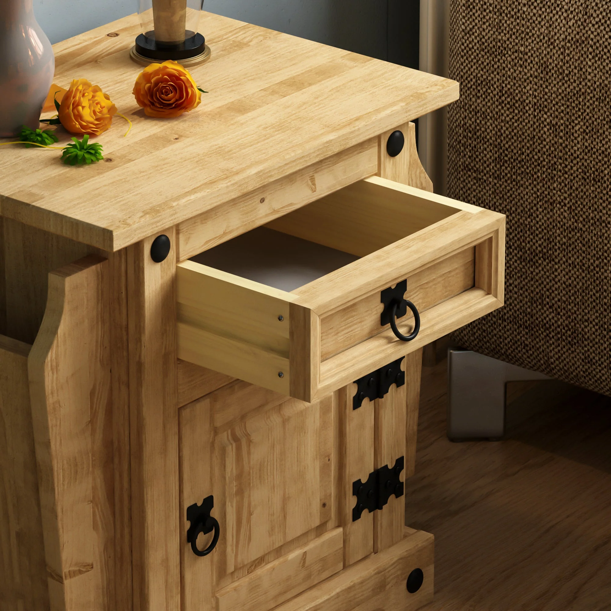 Corona Nachttischschrank aus massiver Kiefer mit 1 Schublade und 1 Tür, gewachste Oberfläche - Image 6