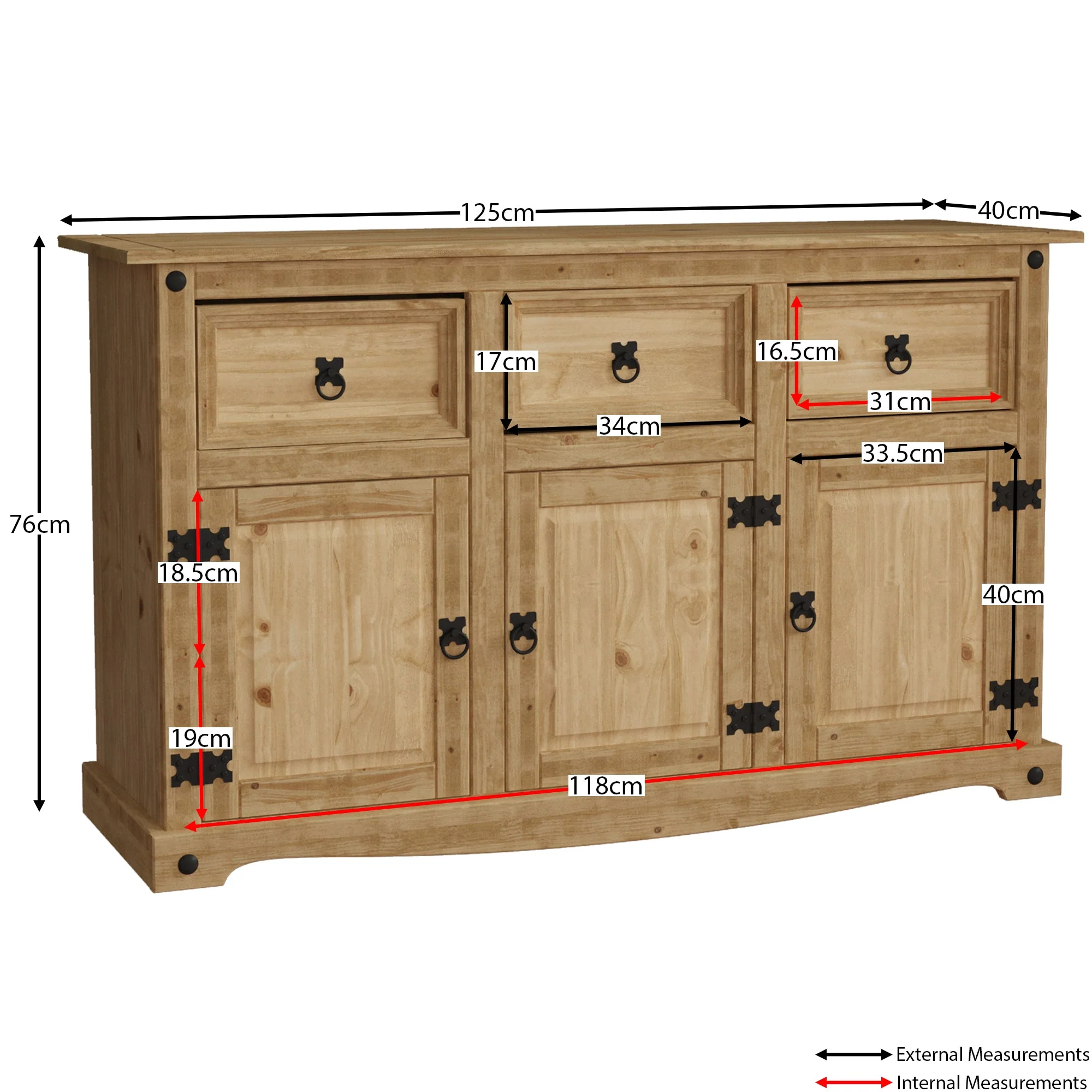Corona Sideboard aus Massivholz – 3 Türen, 3 Schubladen – Buffet, Anrichte, Aufbewahrungsschrank - Image 2