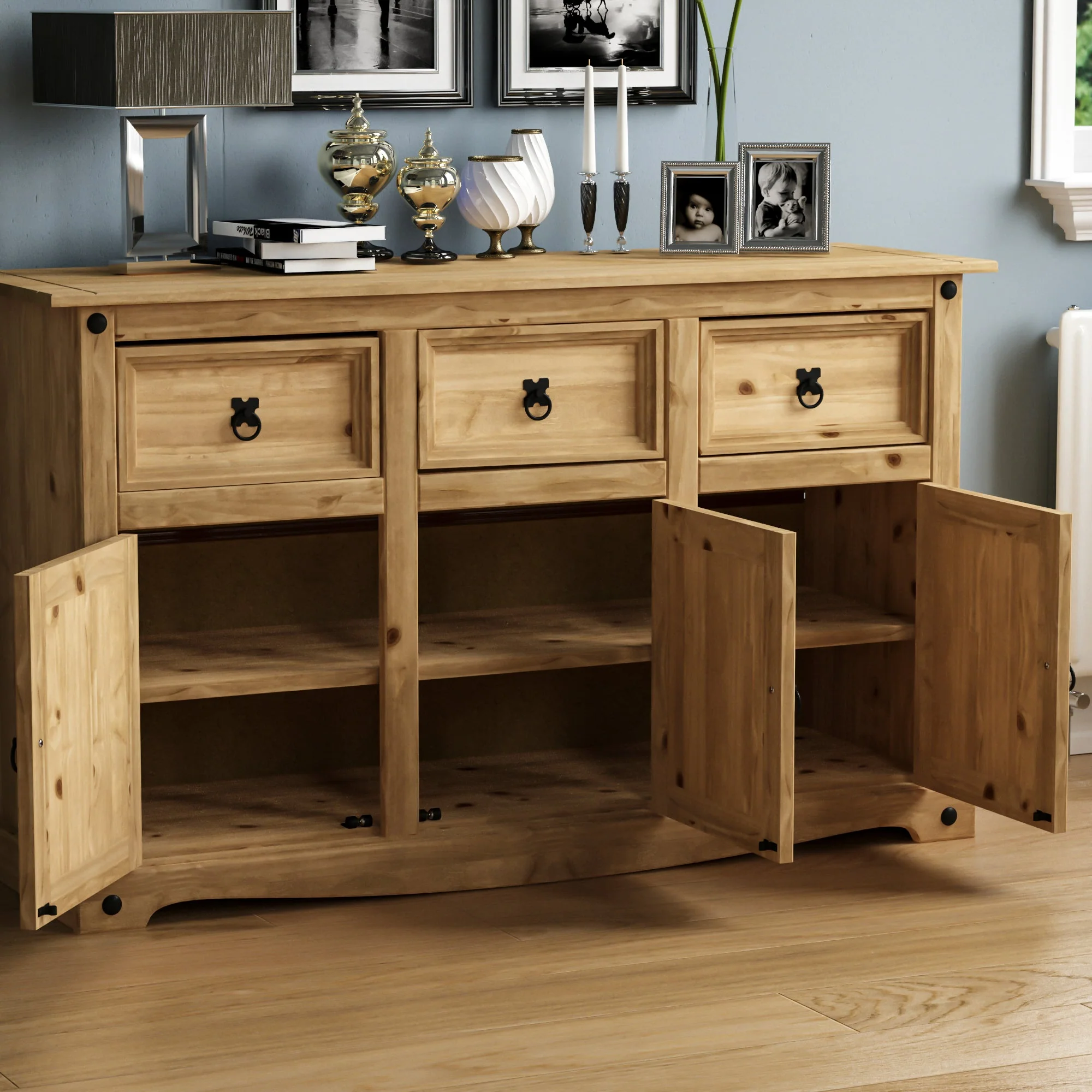 Corona Sideboard aus Massivholz – 3 Türen, 3 Schubladen – Buffet, Anrichte, Aufbewahrungsschrank - Image 6
