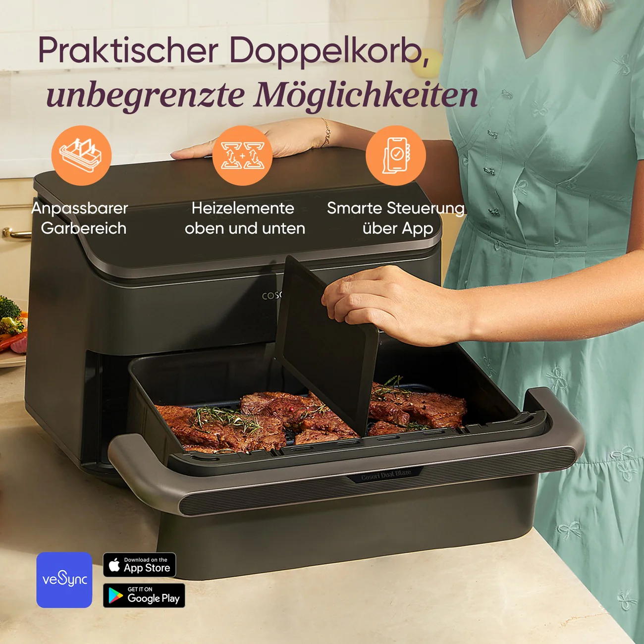 Cosori DualBlaze TwinFry, Heißluftfritteuse, 2 x 5 Liter, Sync-Funktion, schwarz - Image 5