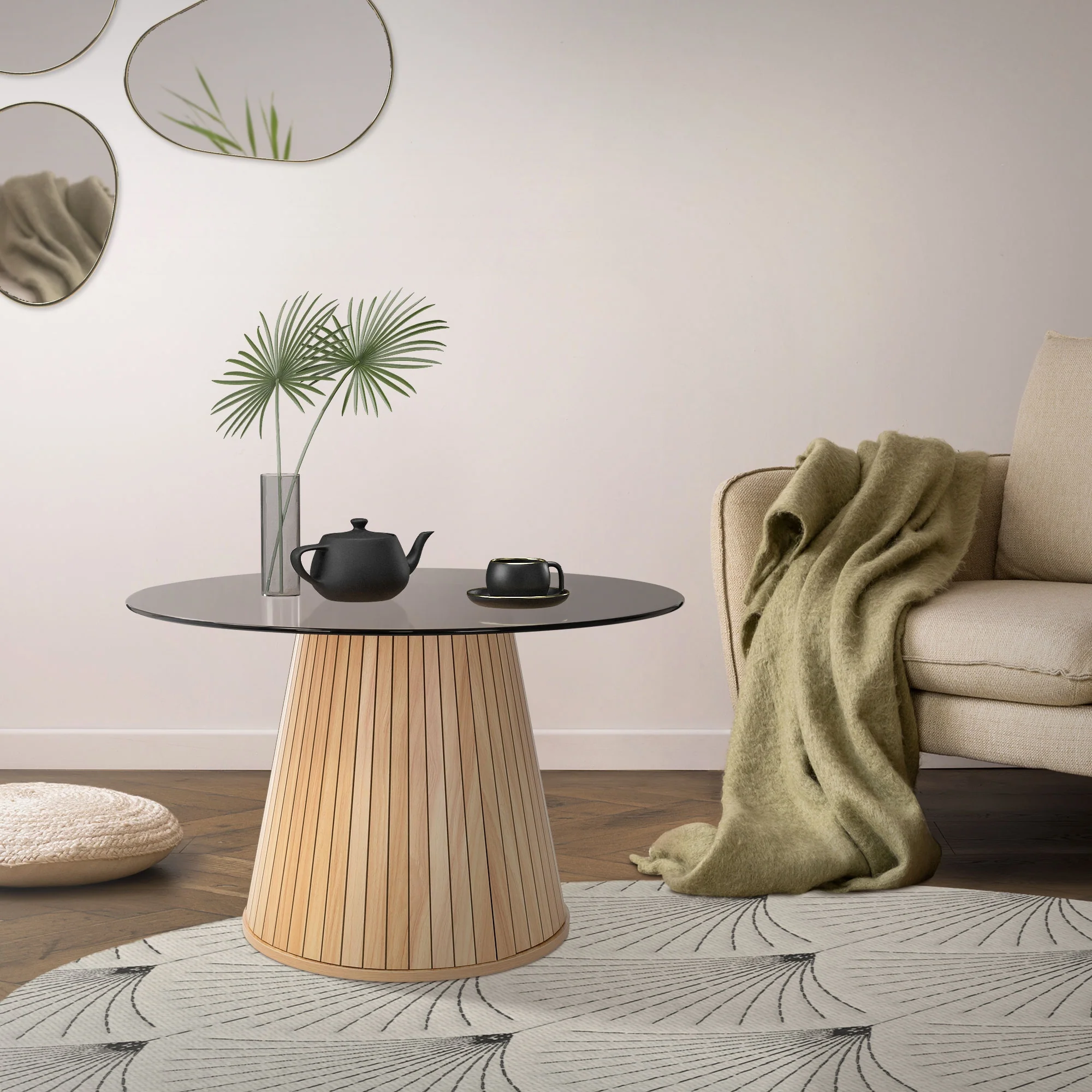 Couchtisch mit Glasplatte, rund 80x80x50 cm, Holz-Optik, Braun, modern - Image 5