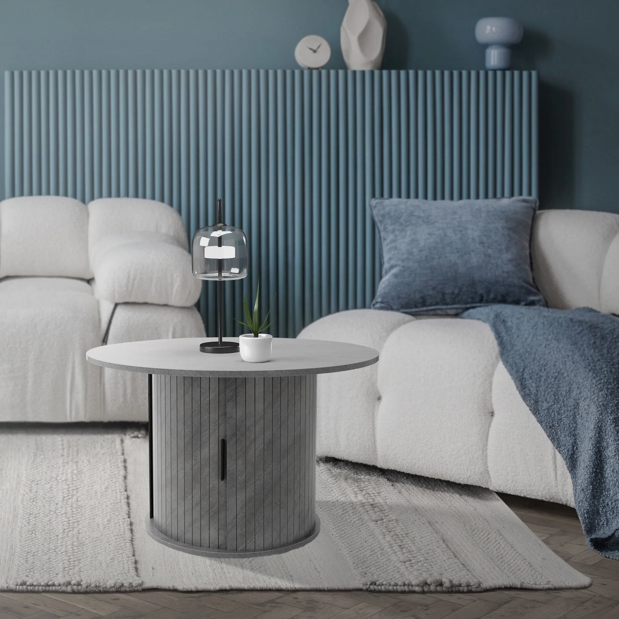 Couchtisch mit Schiebetür und Stauraum, rund 80x80x50 cm, Beton-Optik, Grau, modern - Image 7