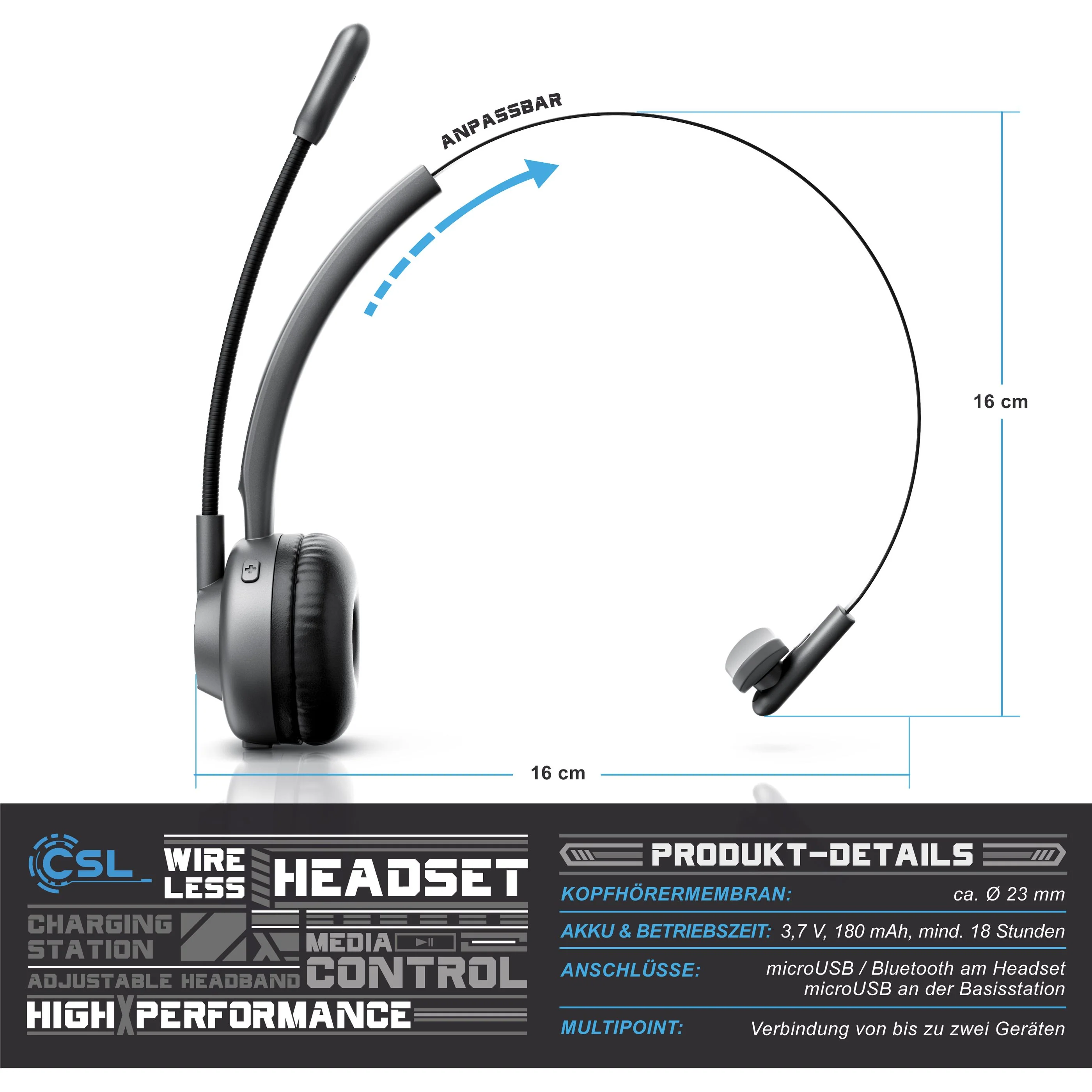 CSL Kabelloses Headset, Wireless Mono Bluetooth Kopfhörer mit flexiblem Mikrofon - Image 2
