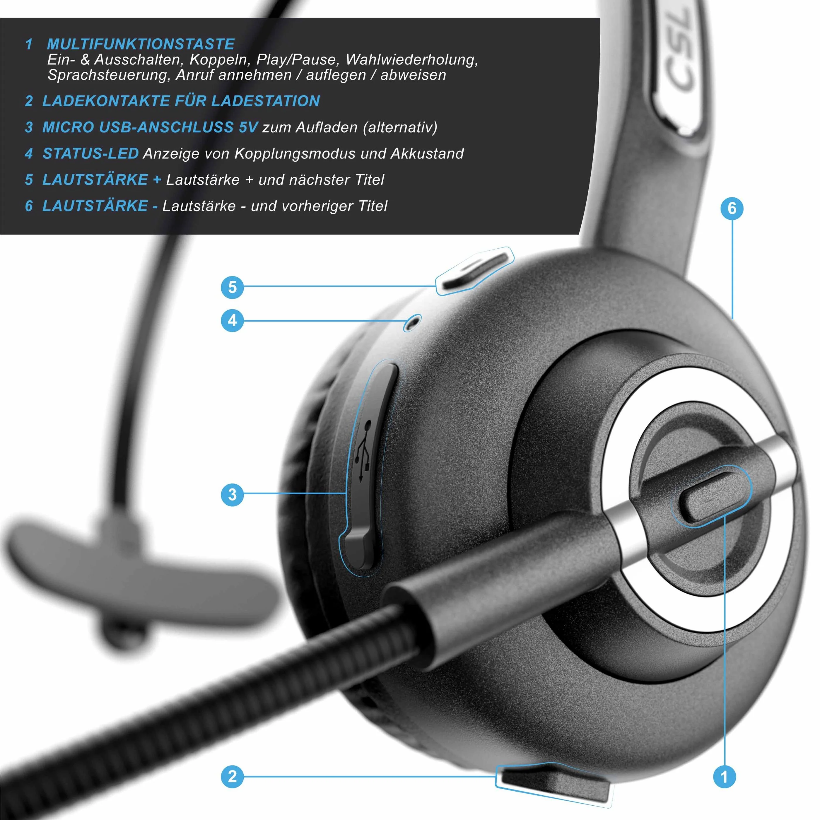 CSL Kabelloses Headset, Wireless Mono Bluetooth Kopfhörer mit flexiblem Mikrofon - Image 3