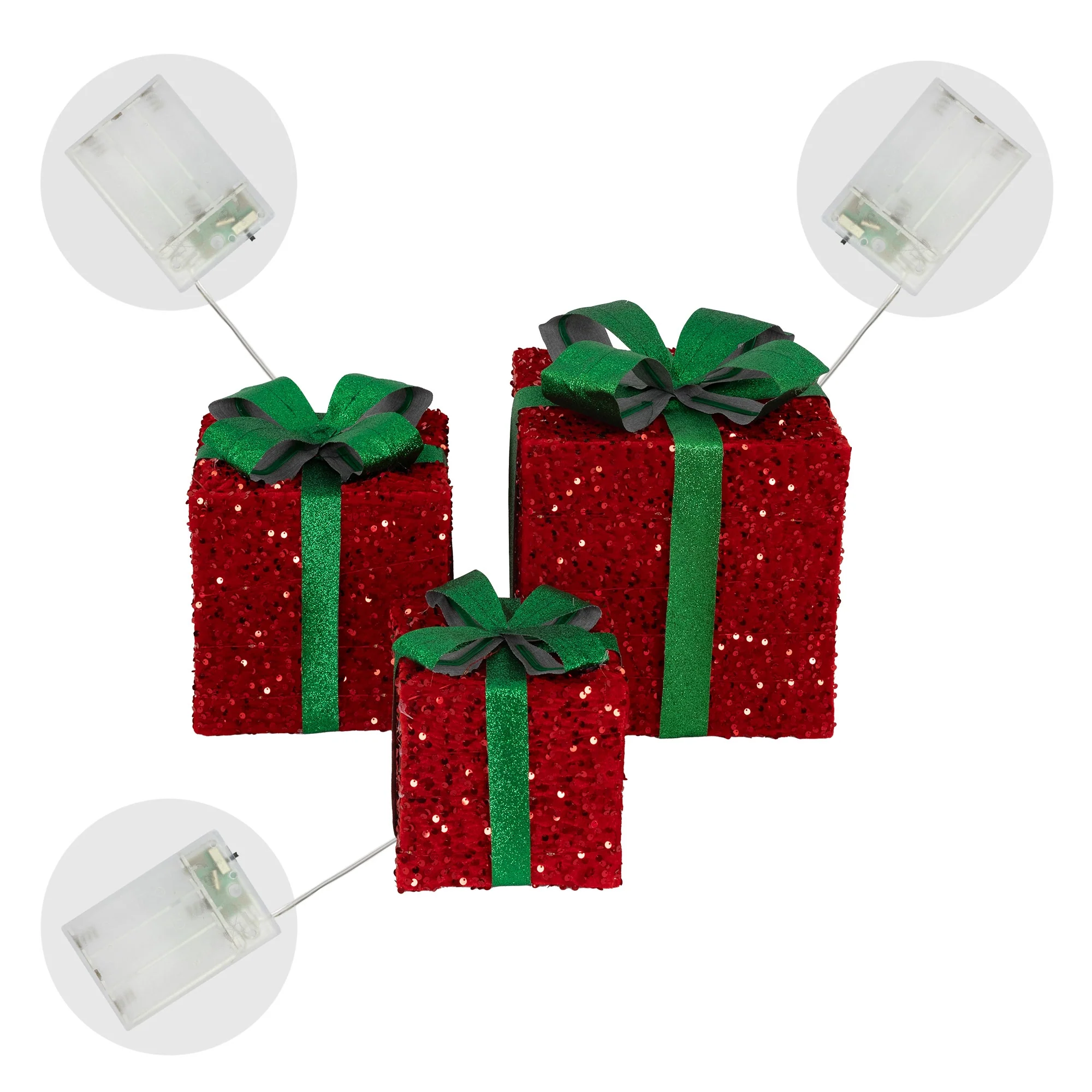 Deko Weihnachtsgeschenke 3er Set mit LEDs Grün/Rot mit Schleifen und Timer - Image 3
