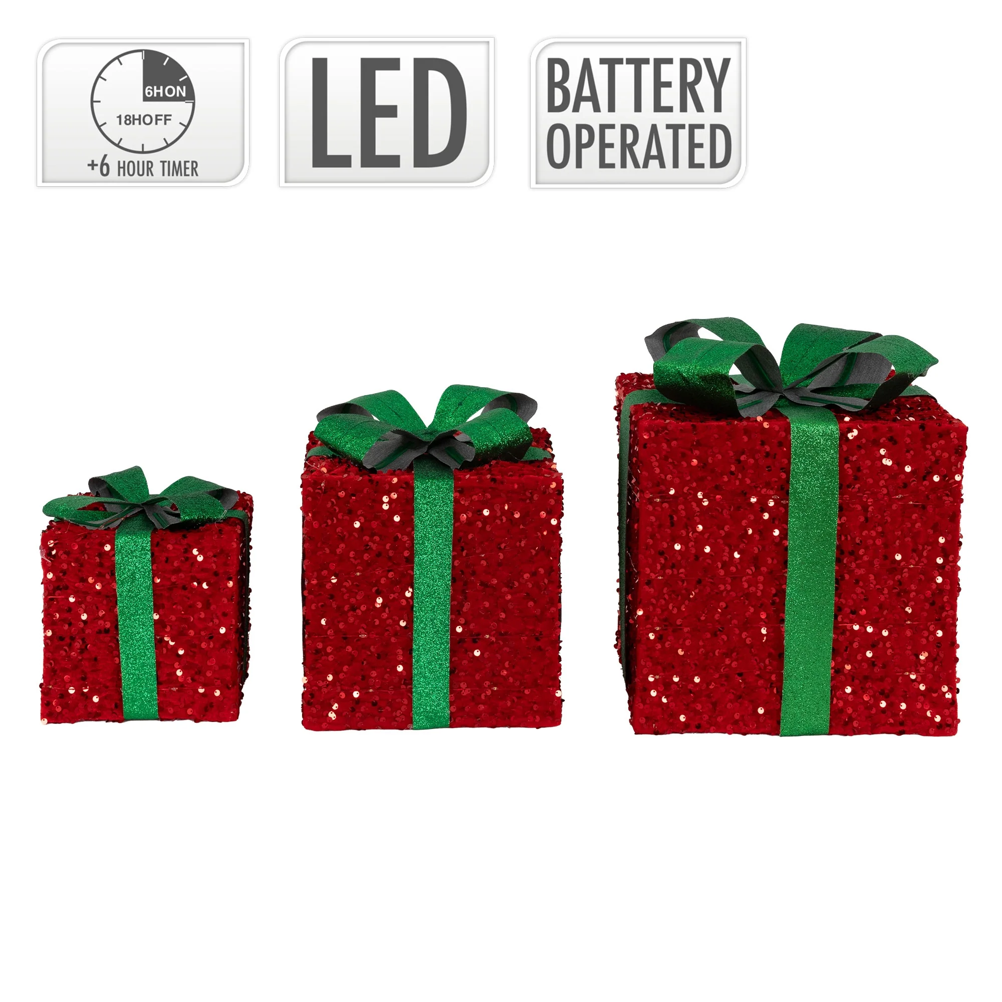 Deko Weihnachtsgeschenke 3er Set mit LEDs Grün/Rot mit Schleifen und Timer - Image 4