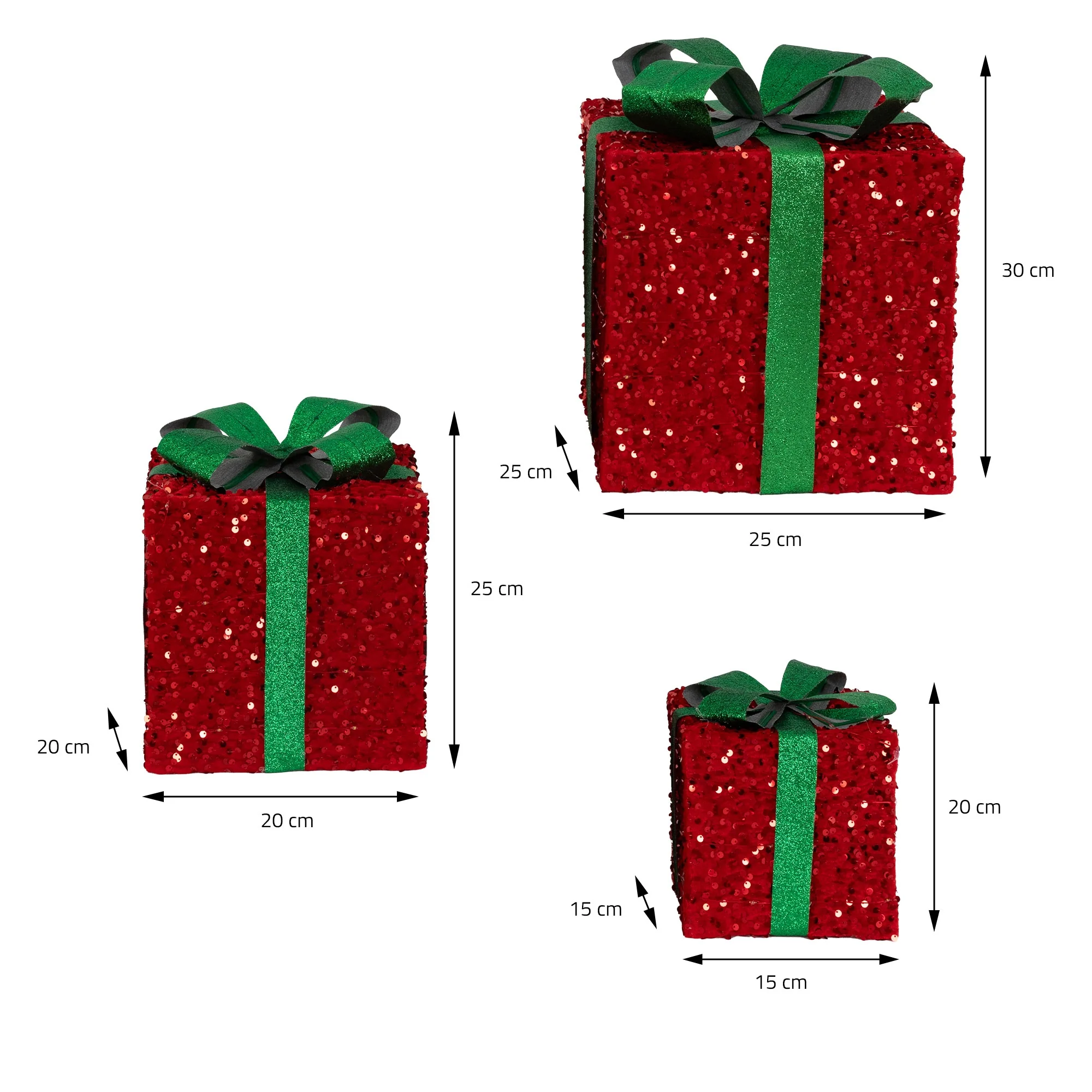 Deko Weihnachtsgeschenke 3er Set mit LEDs Grün/Rot mit Schleifen und Timer - Image 6