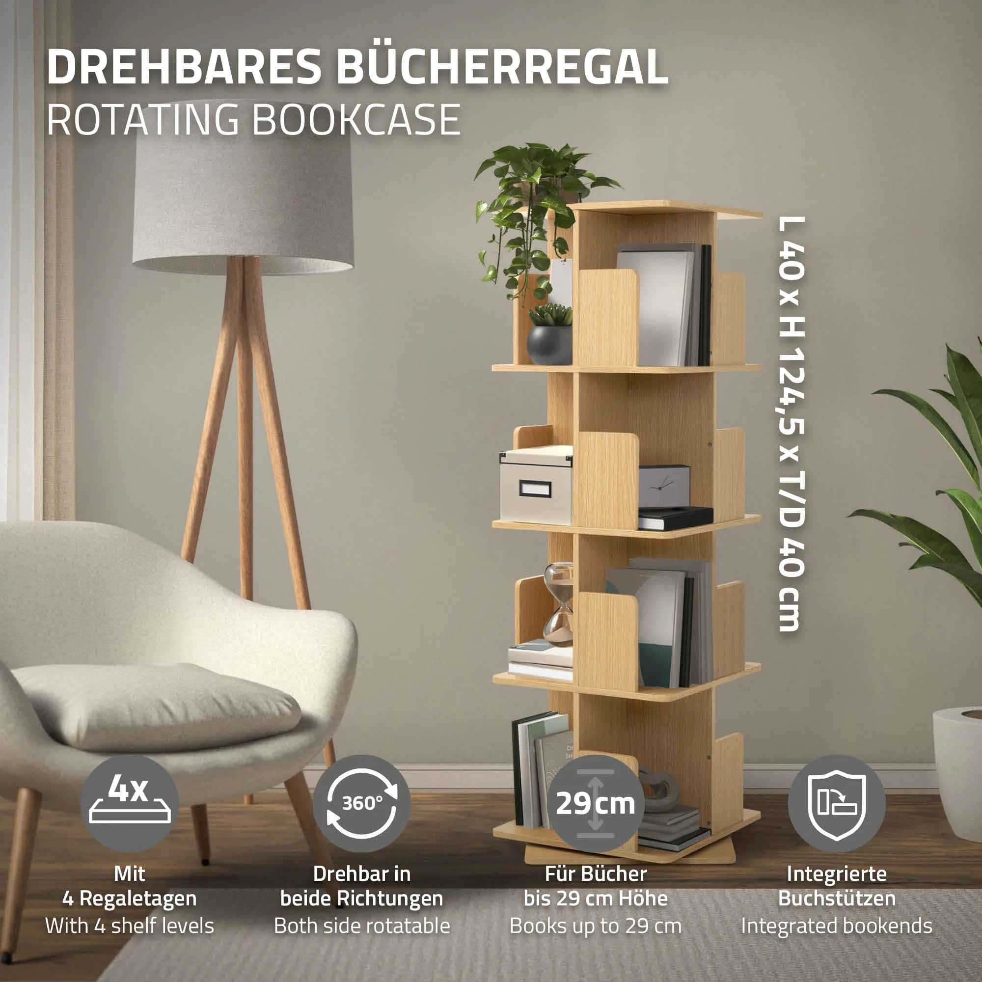 Drehbares Bücherregal Kinder, 12 Fächer, 40x94x40 cm, freistehend, 360 Grad Drehung - Image 37