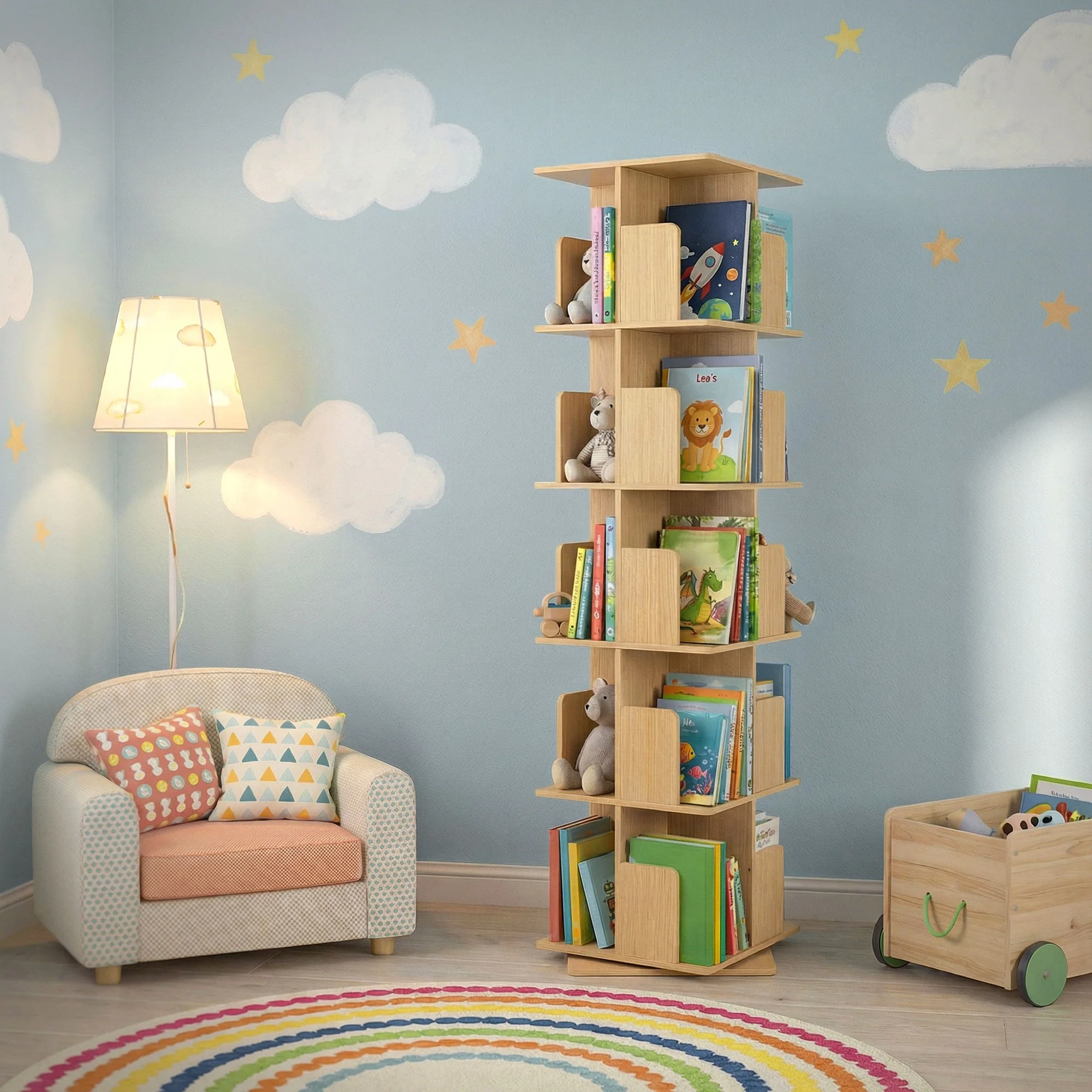 Drehbares Bücherregal Kinder, 12 Fächer, 40x94x40 cm, freistehend, 360 Grad Drehung - Image 57