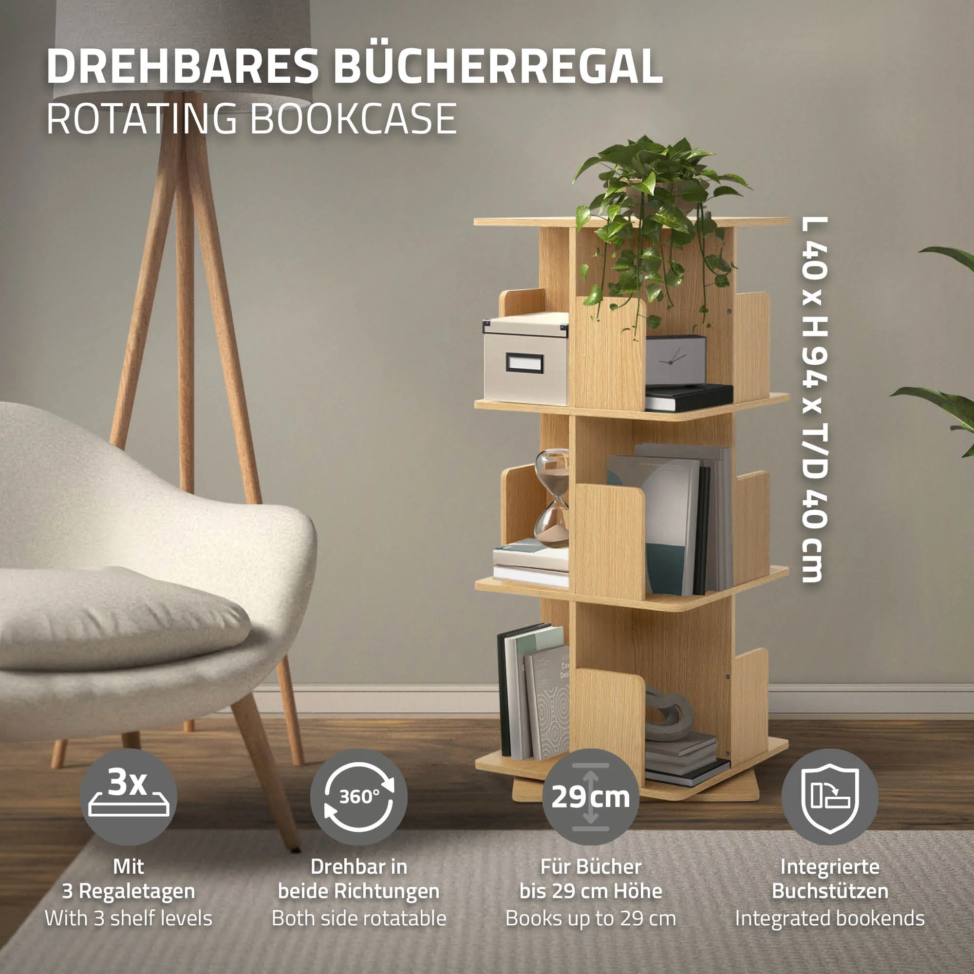 Drehbares Bücherregal Kinder, 12 Fächer, 40x94x40 cm, freistehend, 360 Grad Drehung - Image 9