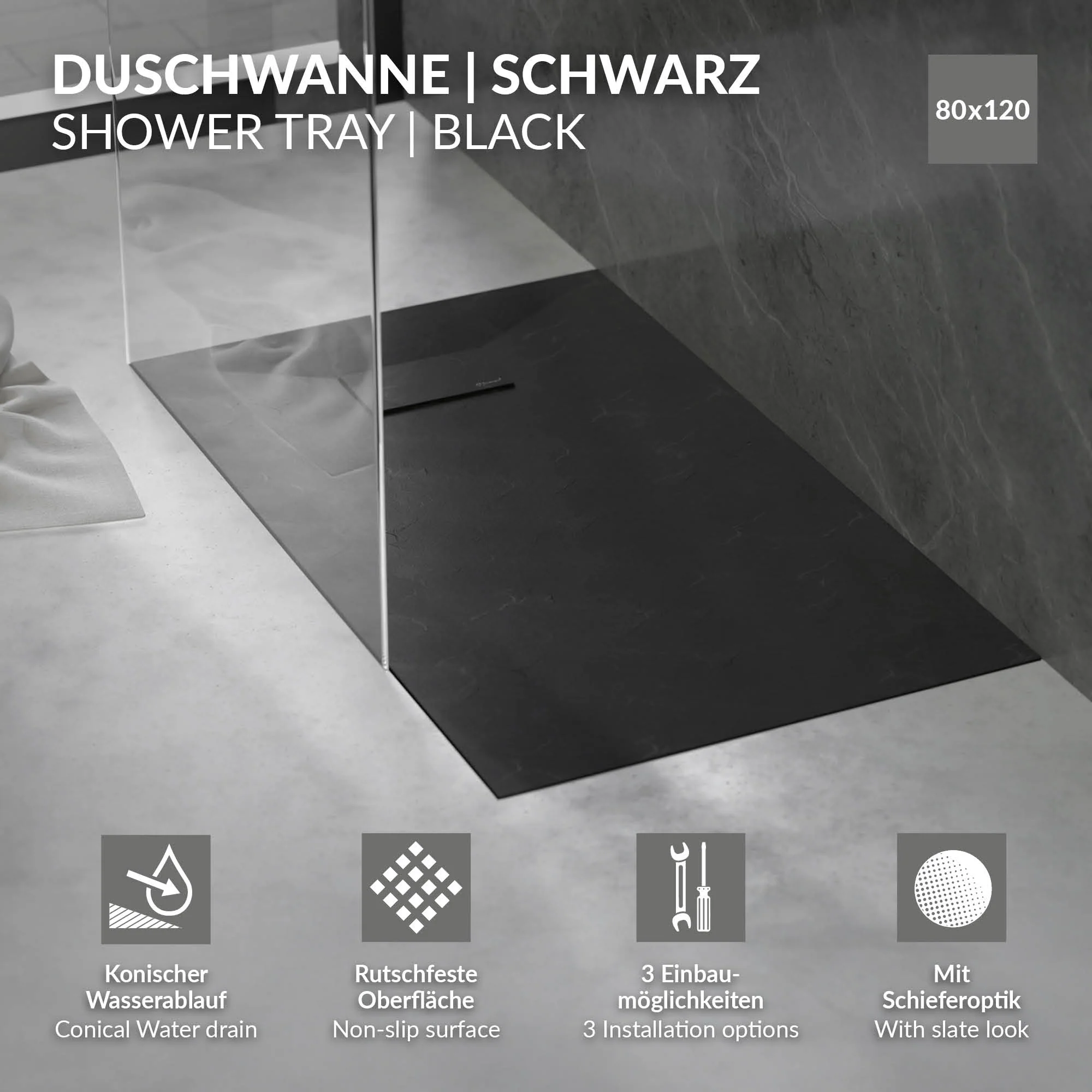 Duschwanne, Extra flache und robuste SMC, Höhe 30 mm, Anti-Rutsch-Oberfläche, Schieferoptik - Image 31