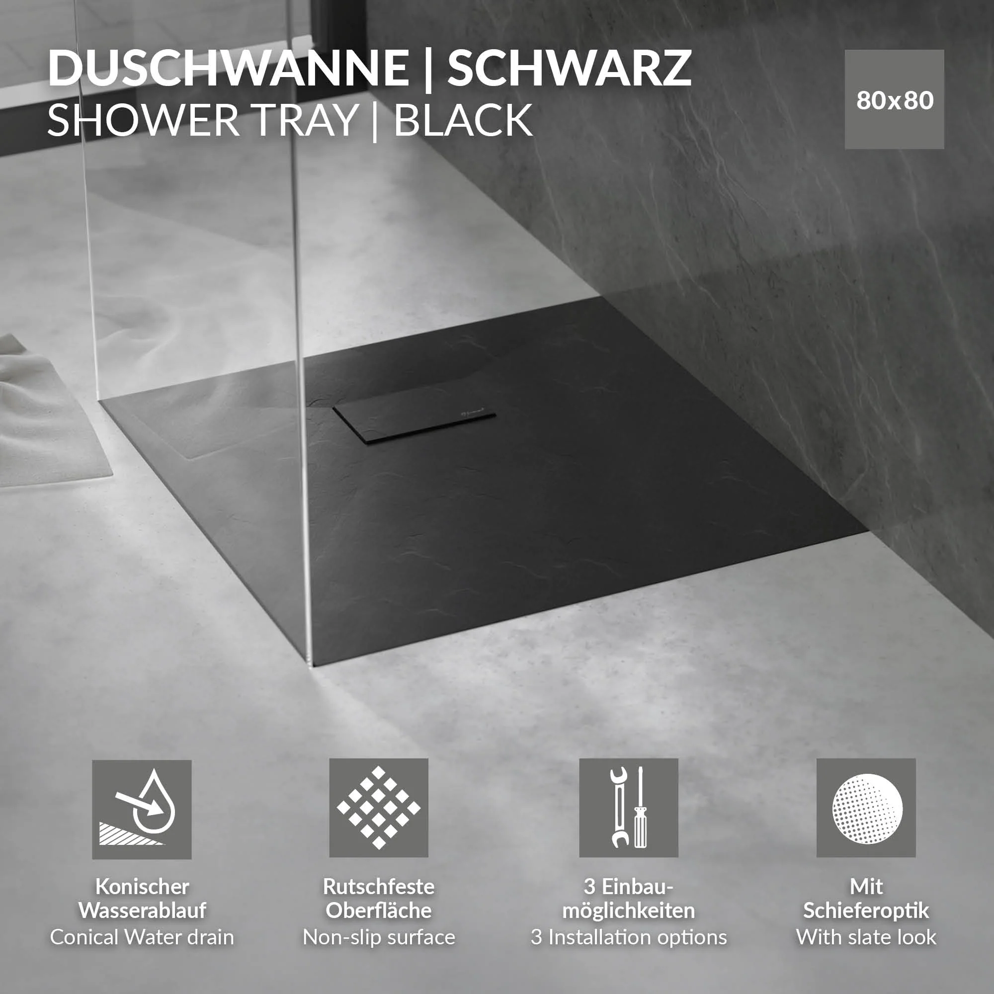 Duschwanne mit Ablaufgarnitur, Extra flache und robuste SMC, H:30 mm, Rutschfest, Schieferoptik - Image 24