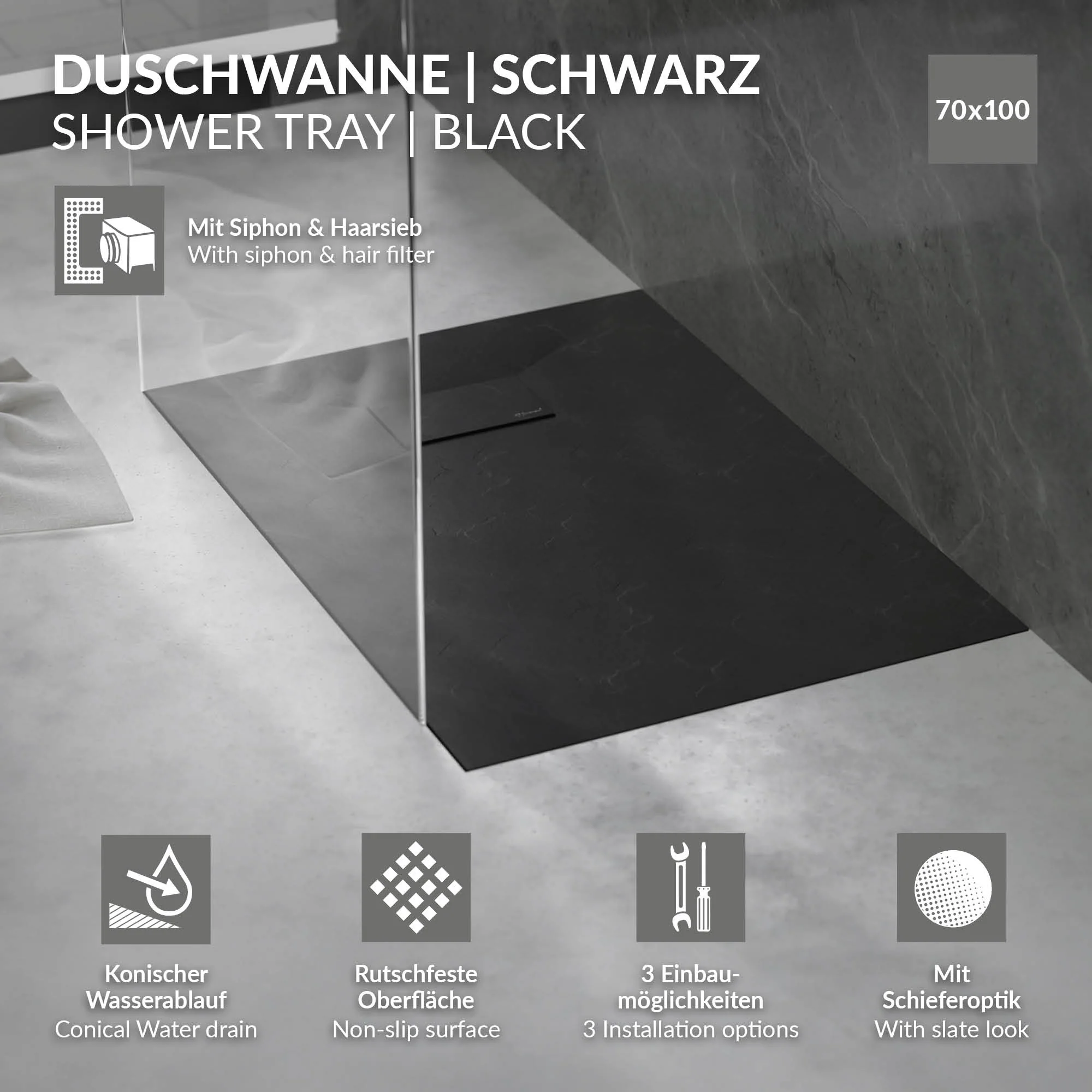 Duschwanne mit Ablaufgarnitur, Extra flache und robuste SMC, H:30 mm, Rutschfest, Schieferoptik - Image 41
