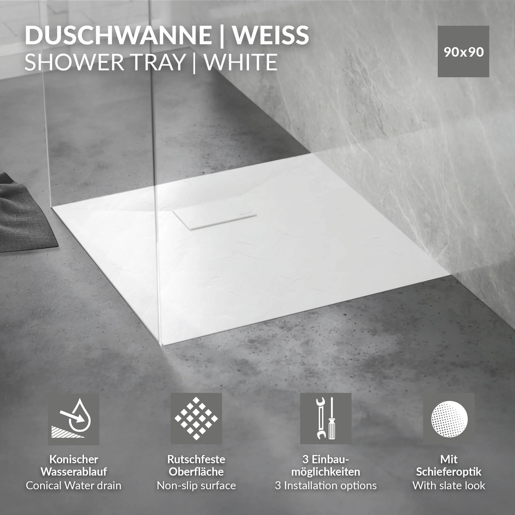 Duschwanne mit Ablaufgarnitur, Extra flache und robuste SMC, H:30 mm, Rutschfest, Schieferoptik - Image 45