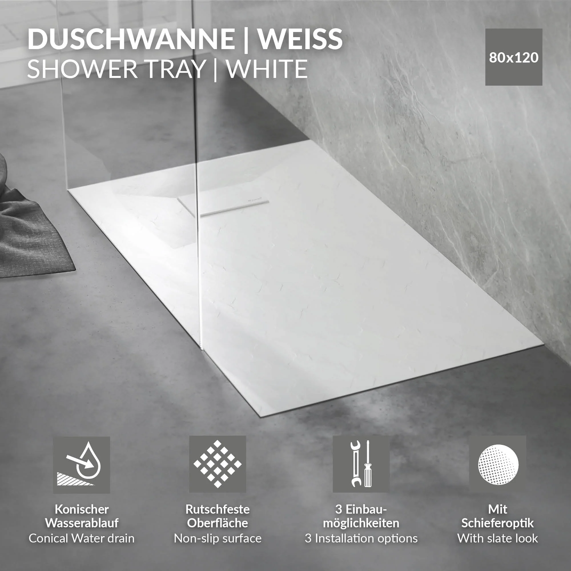 Duschwanne mit Ablaufgarnitur, Extra flache und robuste SMC, H:30 mm, Rutschfest, Schieferoptik - Image 51