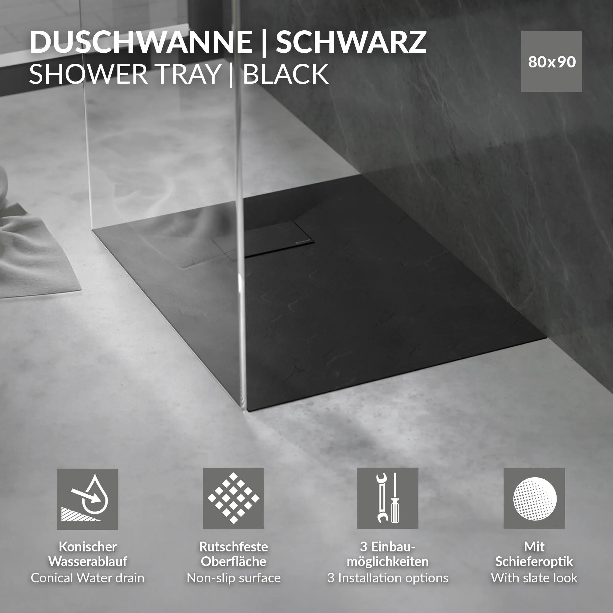 Duschwanne mit Ablaufgarnitur, Extra flache und robuste SMC, H:30 mm, Rutschfest, Schieferoptik - Image 91