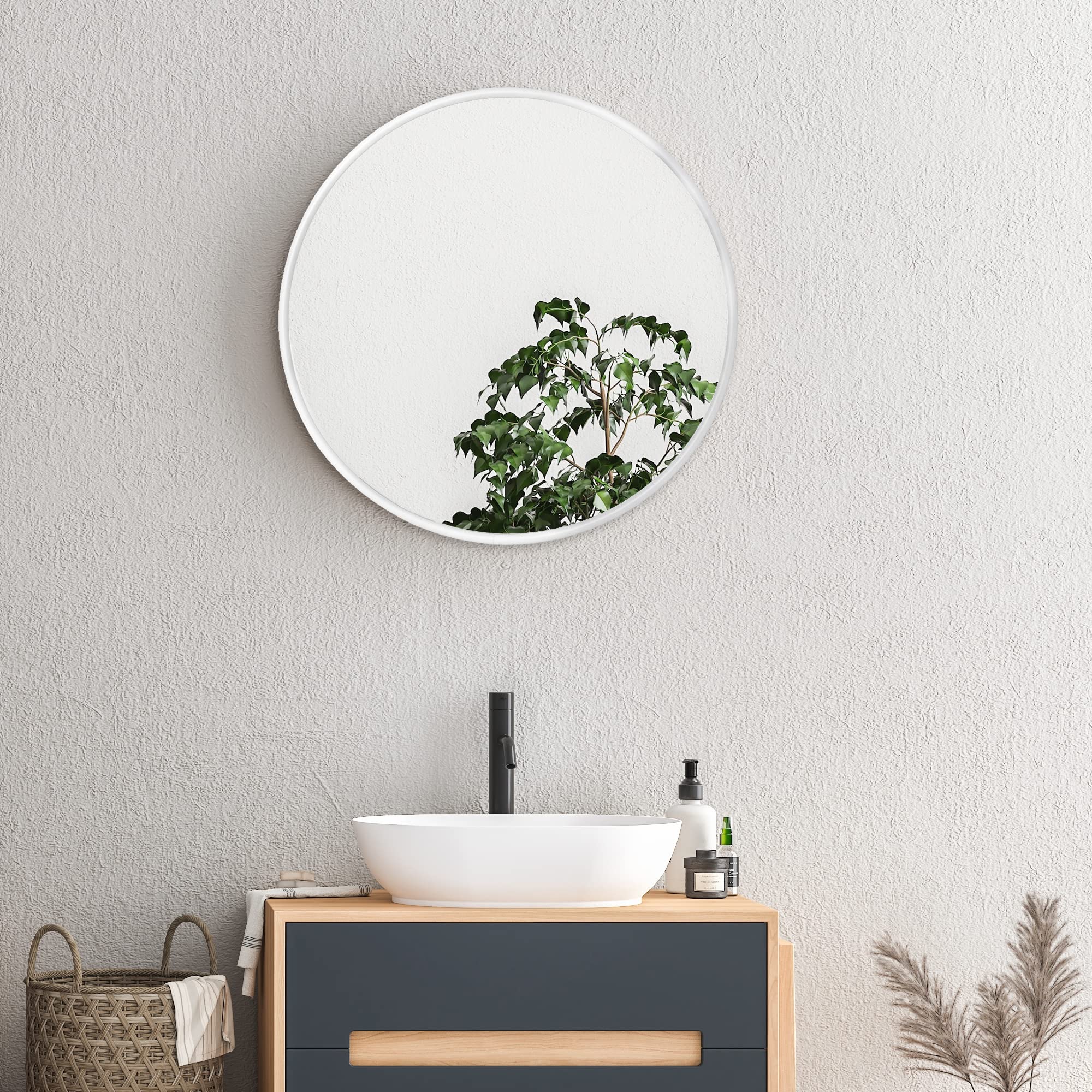 [en.casa] Wandspiegel Ordona Badezimmerspiegel Ø60cm Schminkspiegel Weiß, matt rund Dekospiegel - Image 4