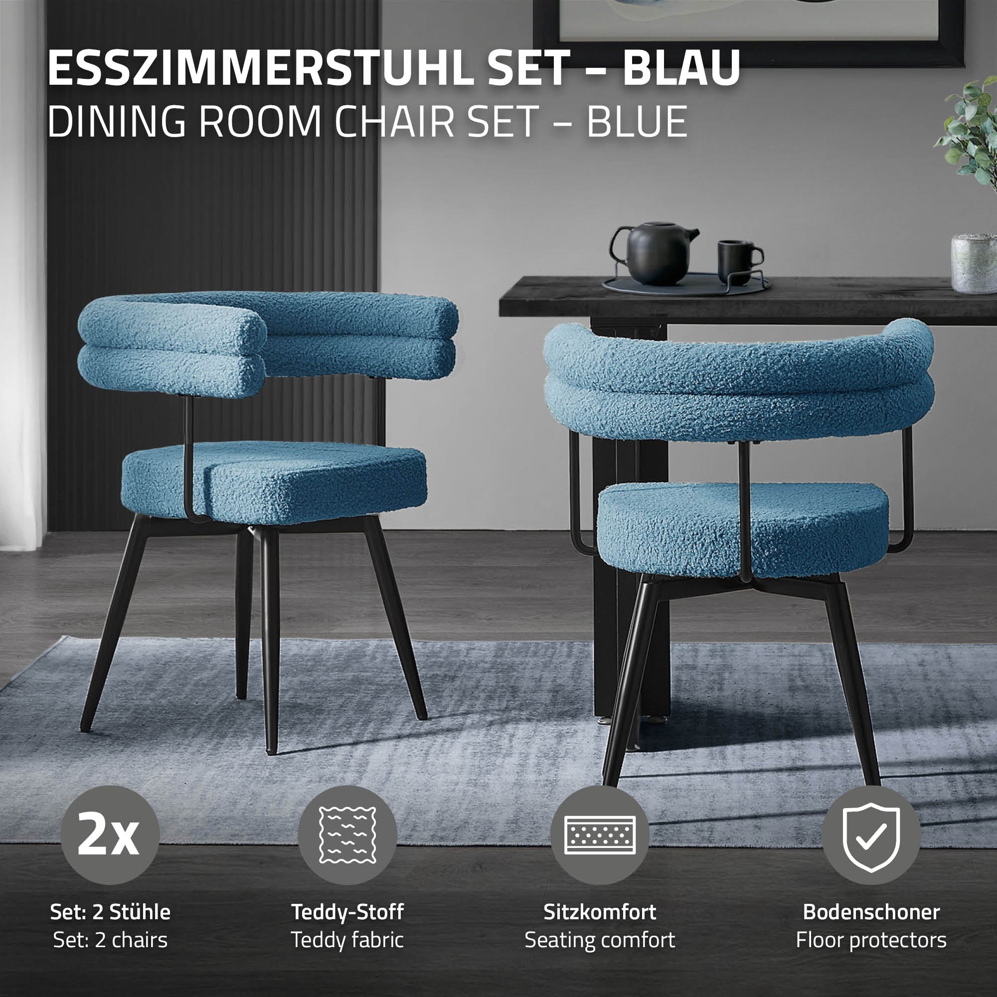 Esszimmerstühle mit Arm- und Rückenlehnen, 360° drehbar, Teddy-Stoff, mit Metallbeinen - Image 100