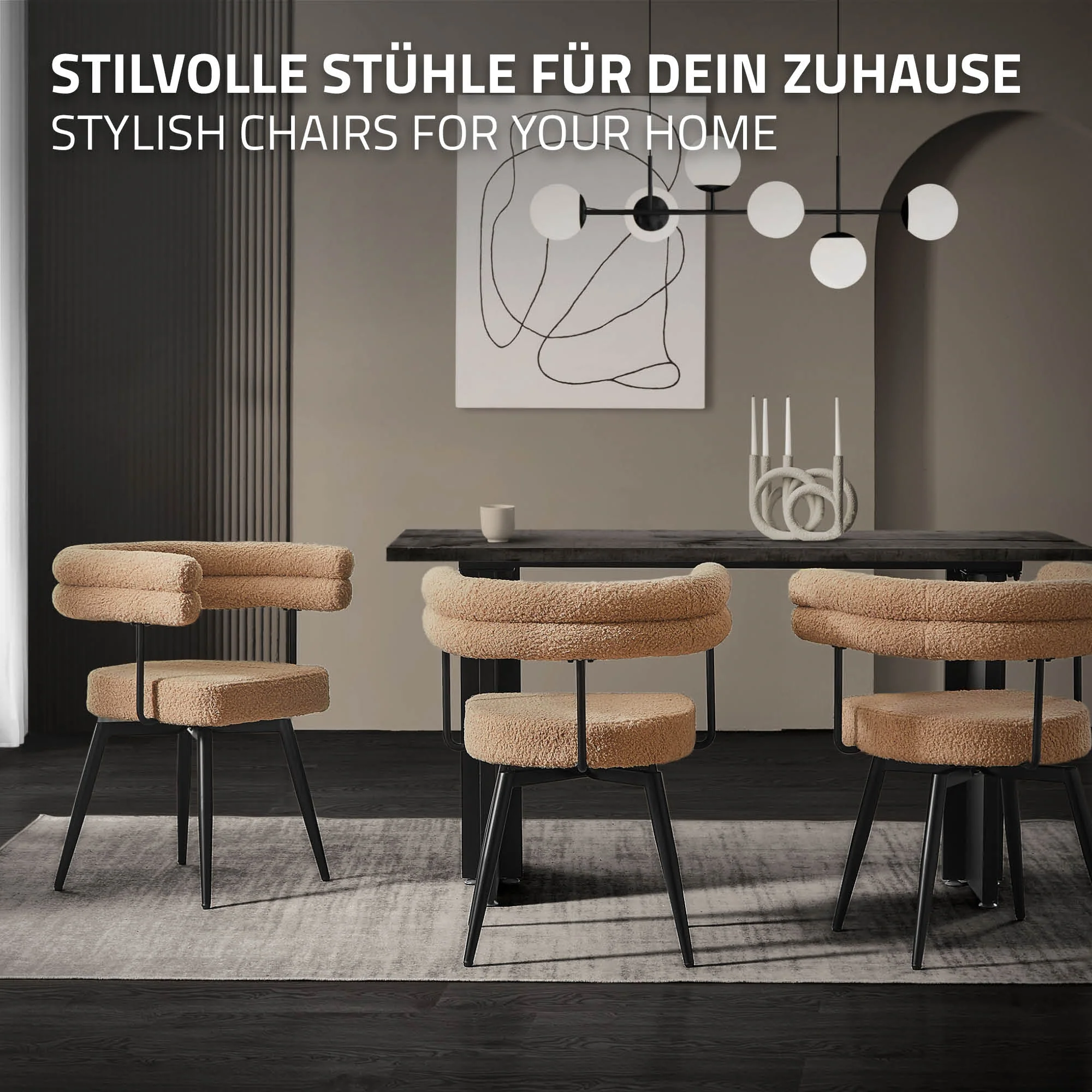 Esszimmerstühle mit Arm- und Rückenlehnen, 360° drehbar, Teddy-Stoff, mit Metallbeinen - Image 103