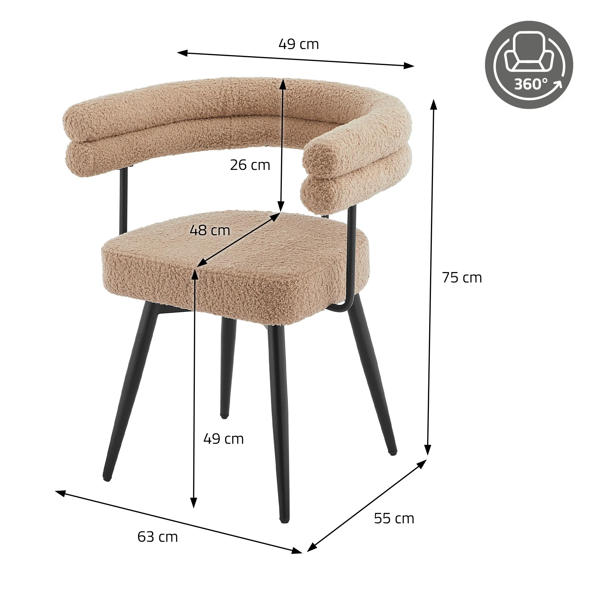 Esszimmerstühle mit Arm- und Rückenlehnen, 360° drehbar, Teddy-Stoff, mit Metallbeinen - Image 123