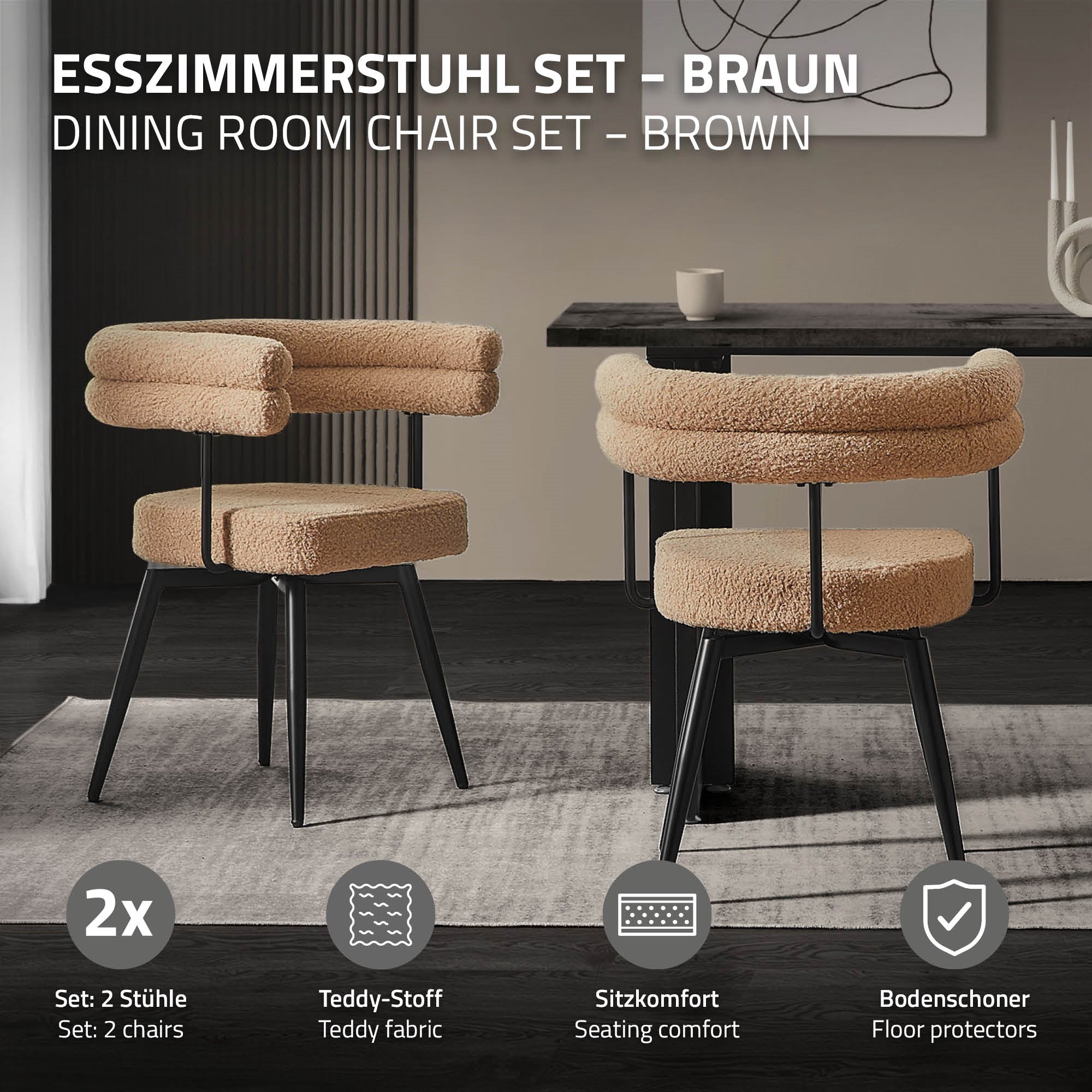 Esszimmerstühle mit Arm- und Rückenlehnen, 360° drehbar, Teddy-Stoff, mit Metallbeinen - Image 136