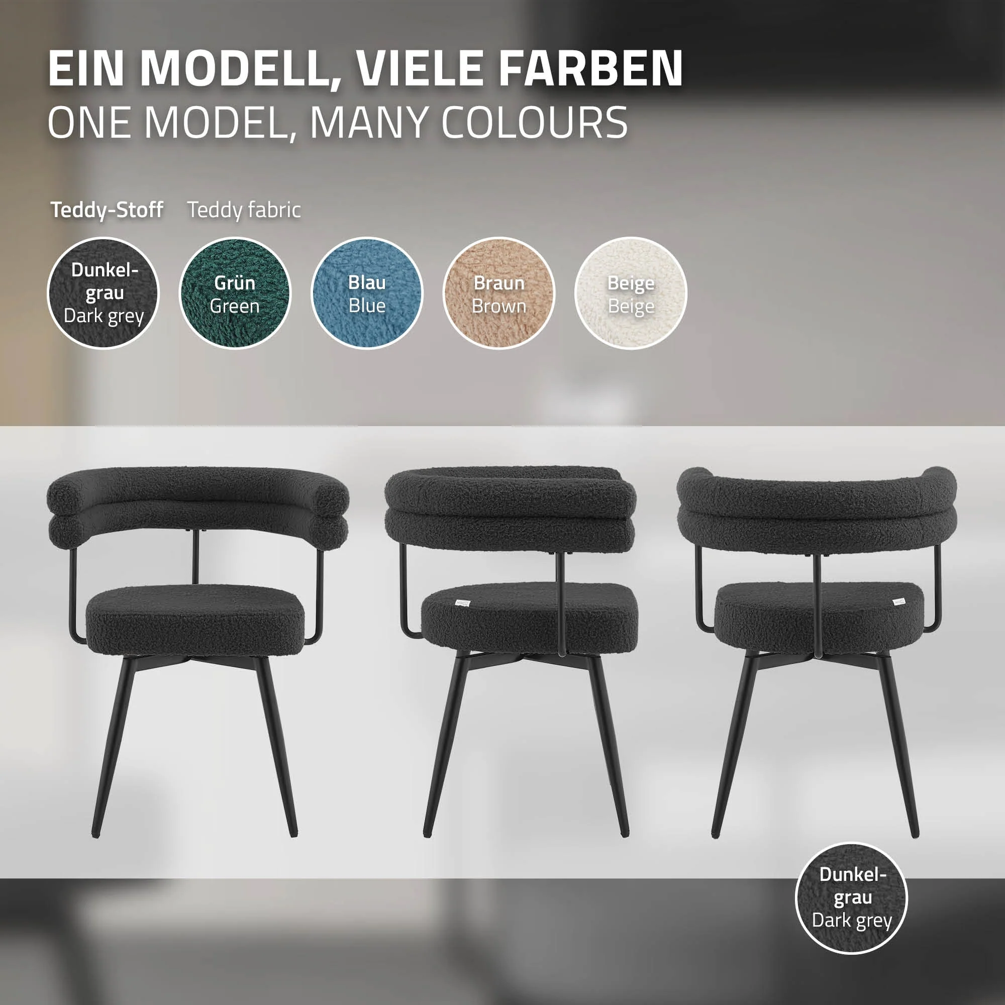 Esszimmerstühle mit Arm- und Rückenlehnen, 360° drehbar, Teddy-Stoff, mit Metallbeinen - Image 138