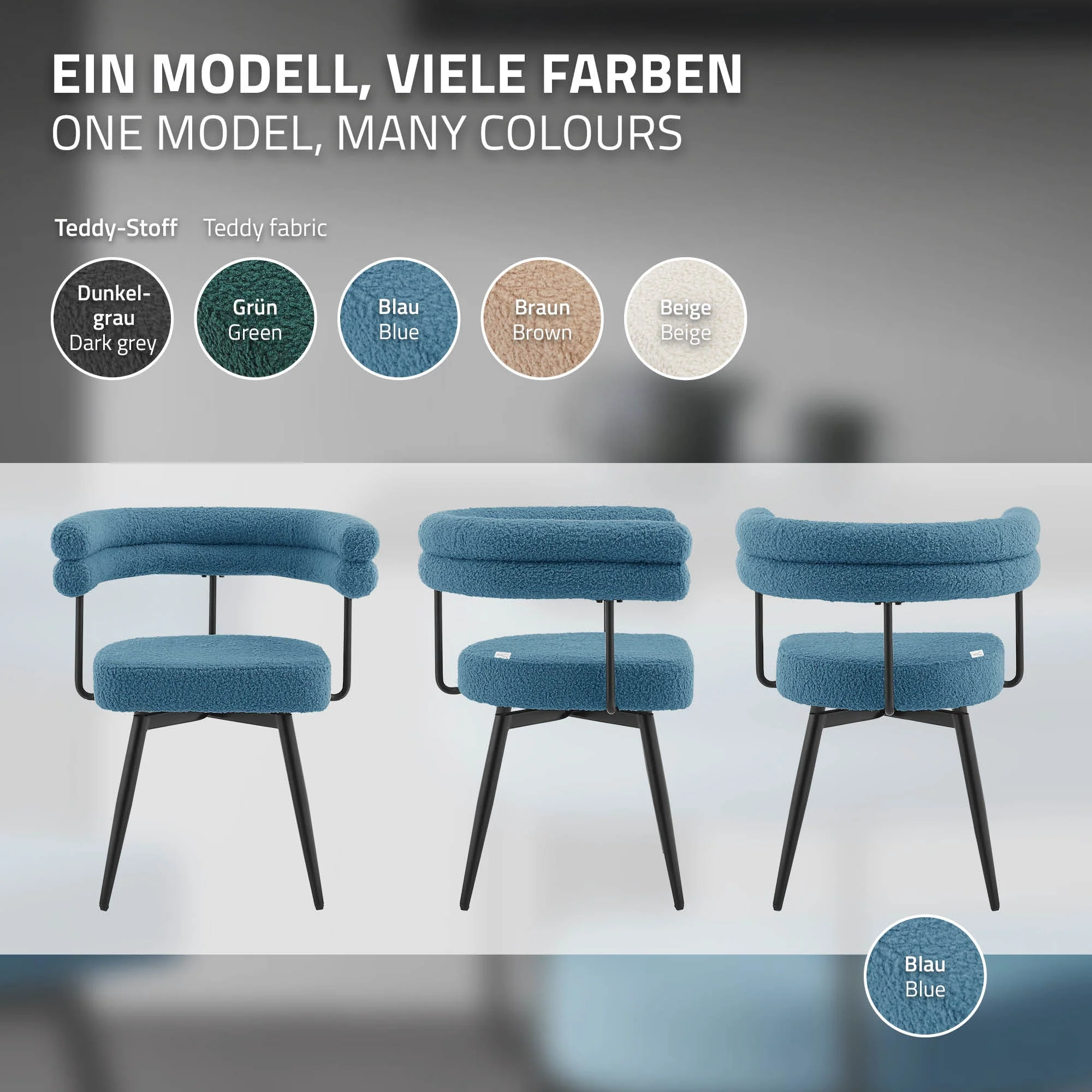 Esszimmerstühle mit Arm- und Rückenlehnen, 360° drehbar, Teddy-Stoff, mit Metallbeinen - Image 141