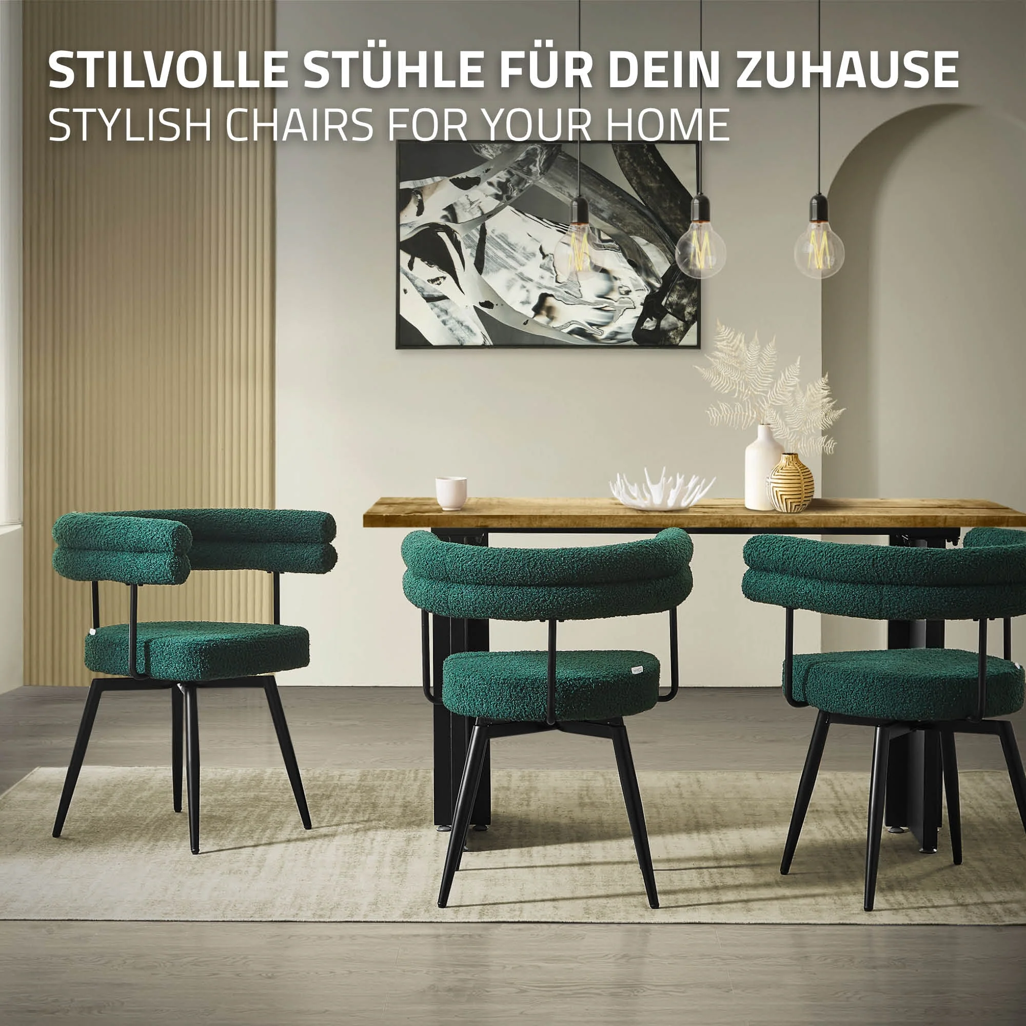 Esszimmerstühle mit Arm- und Rückenlehnen, 360° drehbar, Teddy-Stoff, mit Metallbeinen - Image 155