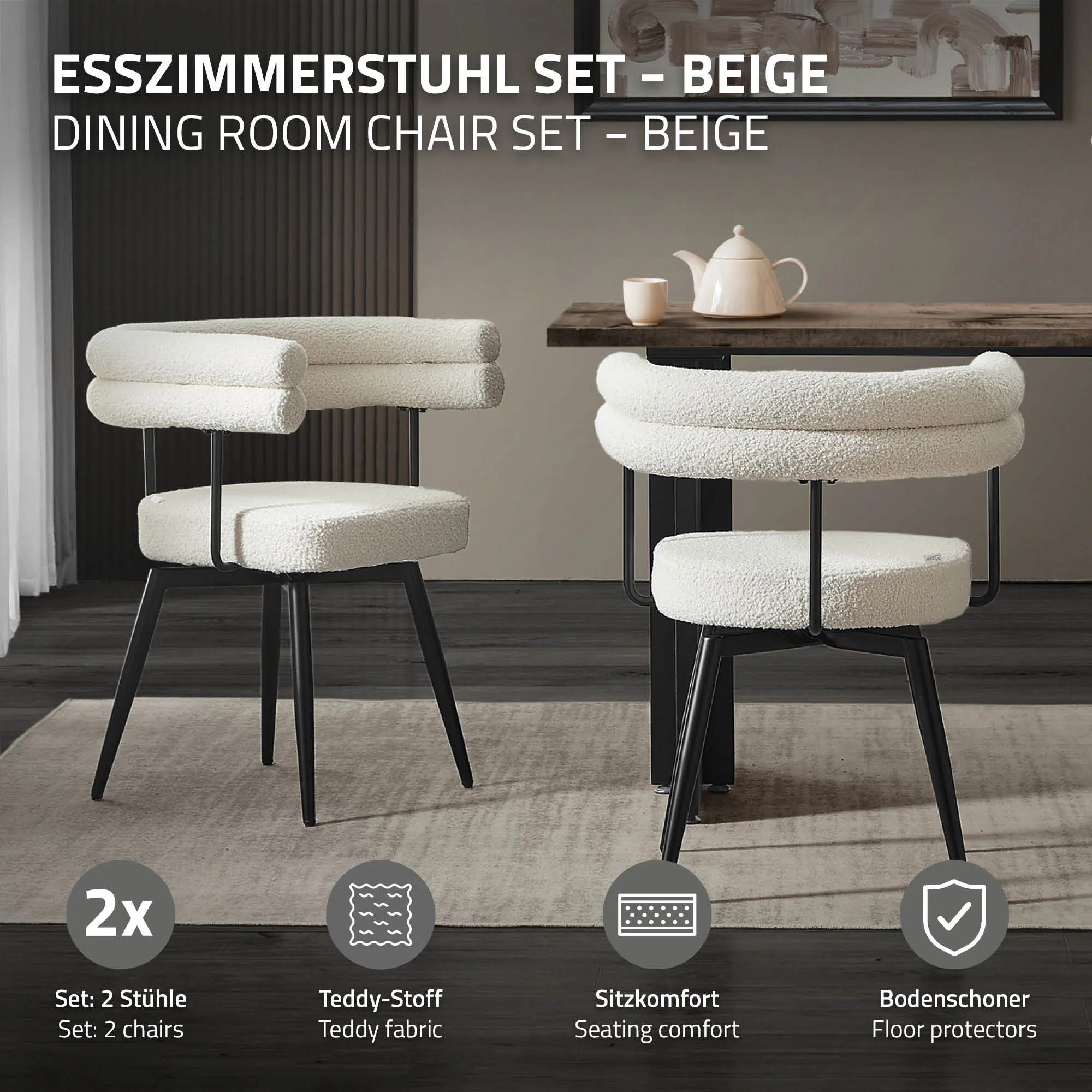Esszimmerstühle mit Arm- und Rückenlehnen, 360° drehbar, Teddy-Stoff, mit Metallbeinen - Image 158