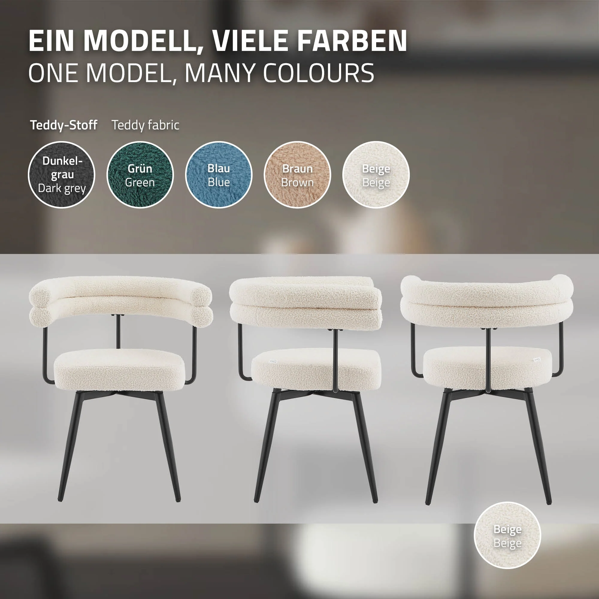 Esszimmerstühle mit Arm- und Rückenlehnen, 360° drehbar, Teddy-Stoff, mit Metallbeinen - Image 20
