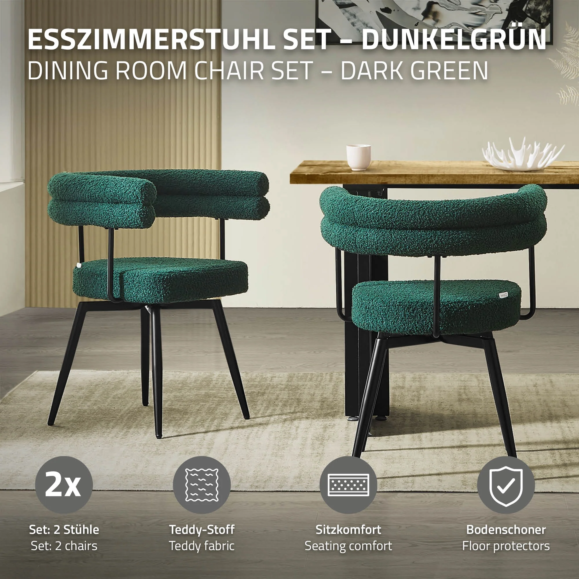 Esszimmerstühle mit Arm- und Rückenlehnen, 360° drehbar, Teddy-Stoff, mit Metallbeinen - Image 25