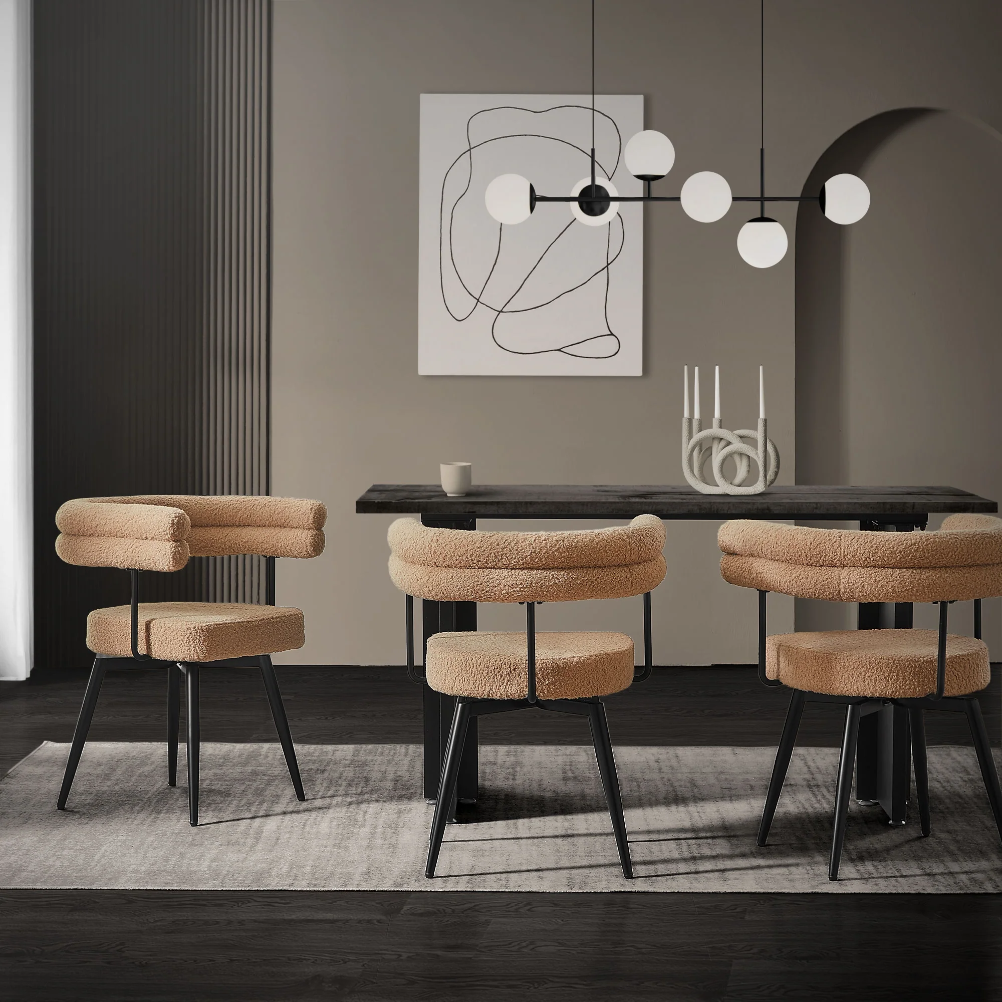 Esszimmerstühle mit Arm- und Rückenlehnen, 360° drehbar, Teddy-Stoff, mit Metallbeinen - Image 36