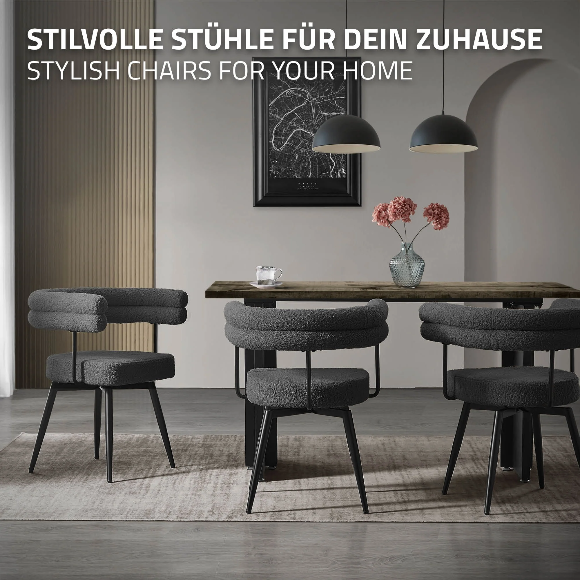 Esszimmerstühle mit Arm- und Rückenlehnen, 360° drehbar, Teddy-Stoff, mit Metallbeinen - Image 72