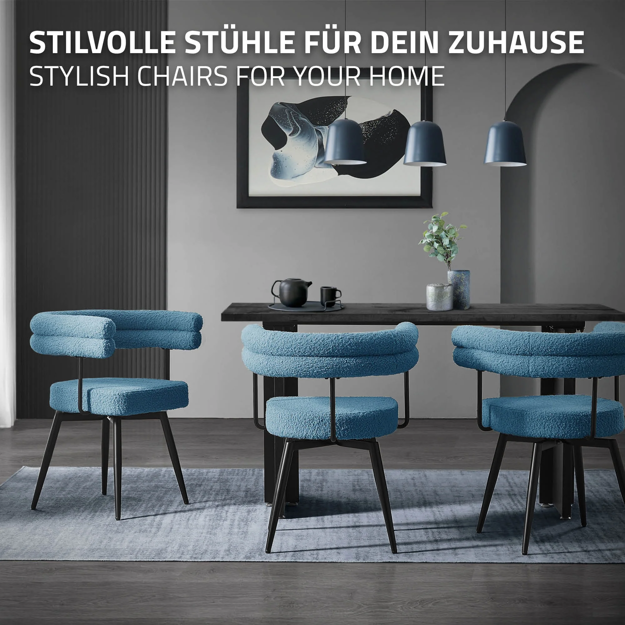 Esszimmerstühle mit Arm- und Rückenlehnen, 360° drehbar, Teddy-Stoff, mit Metallbeinen - Image 76