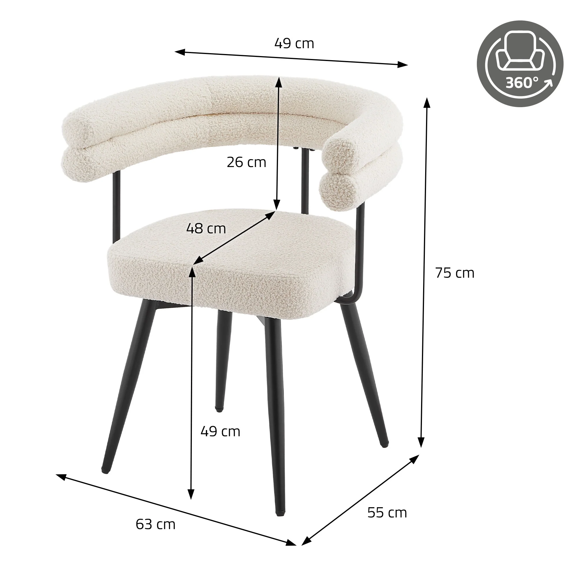 Esszimmerstühle mit Arm- und Rückenlehnen, 360° drehbar, Teddy-Stoff, mit Metallbeinen - Image 78