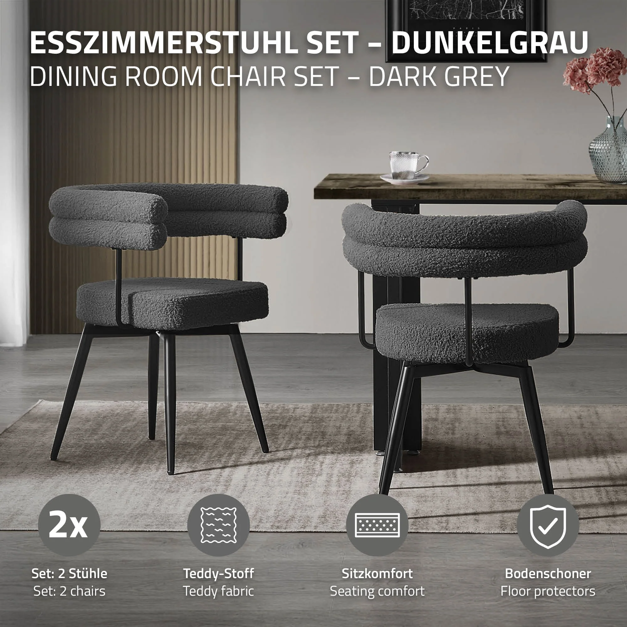 Esszimmerstühle mit Arm- und Rückenlehnen, 360° drehbar, Teddy-Stoff, mit Metallbeinen - Image 82