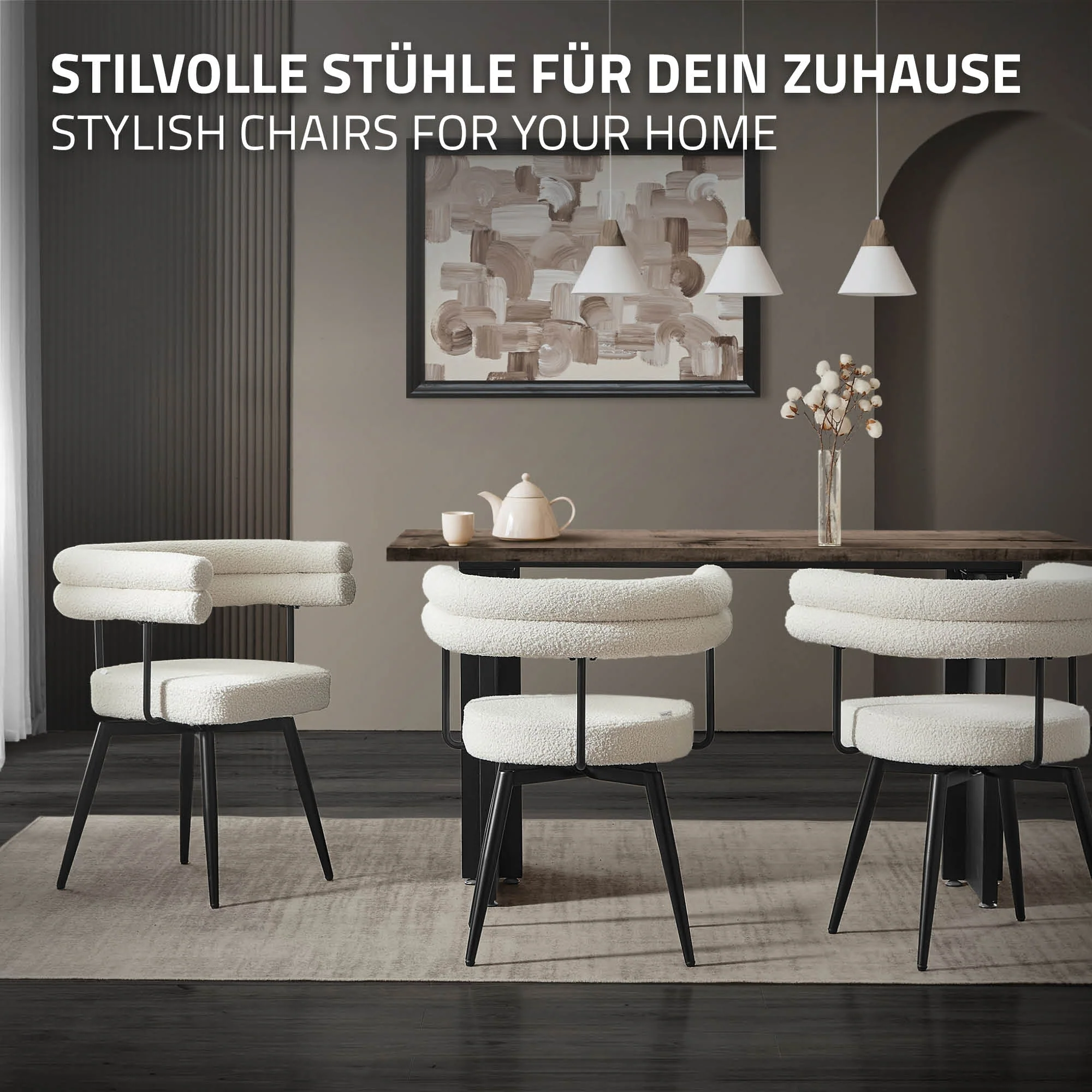 Esszimmerstühle mit Arm- und Rückenlehnen, 360° drehbar, Teddy-Stoff, mit Metallbeinen - Image 94