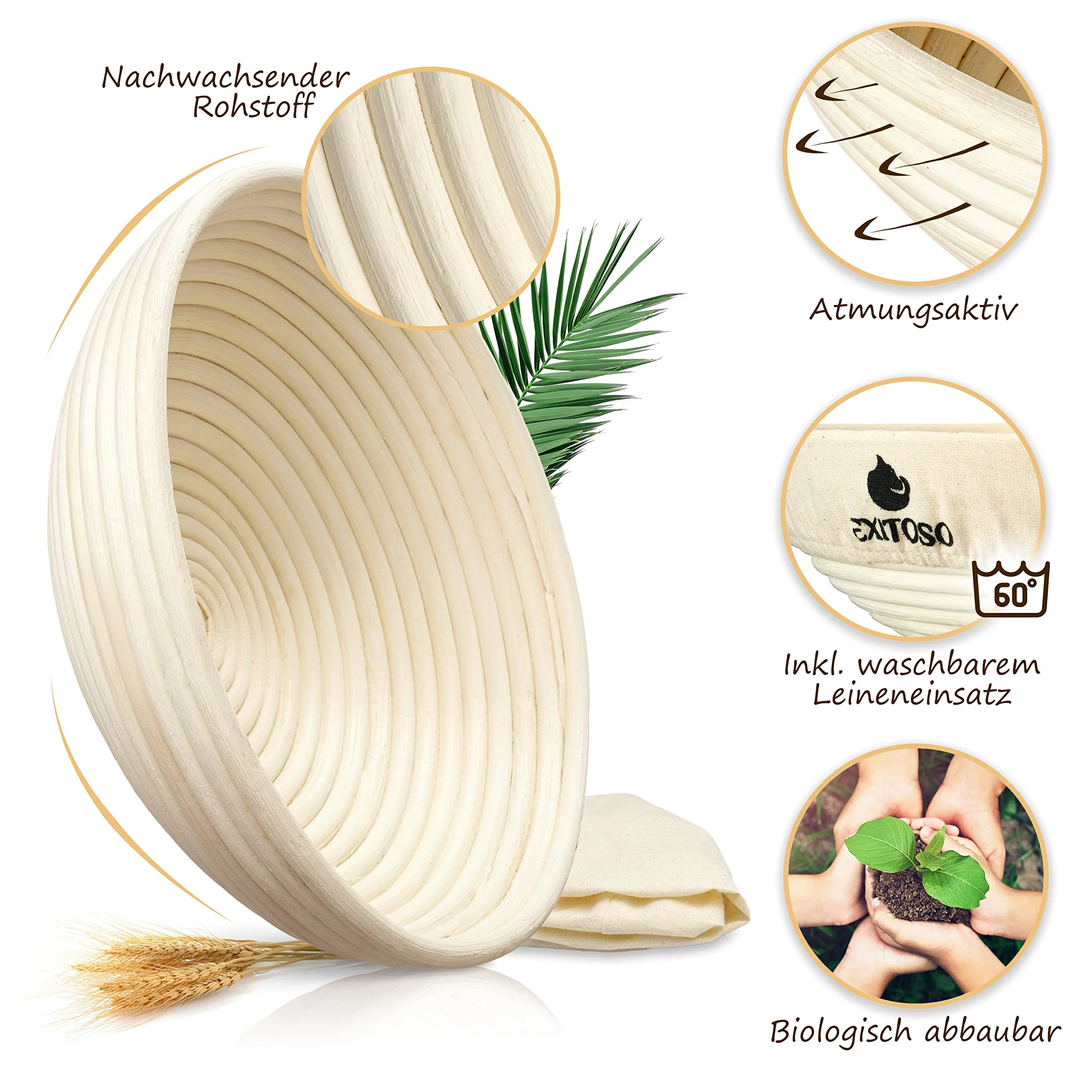Exitoso Gärkörbchen rund 1kg aus Peddigrohr Ø25cm - Beige inkl. (E-Book Rezept, - Image 6