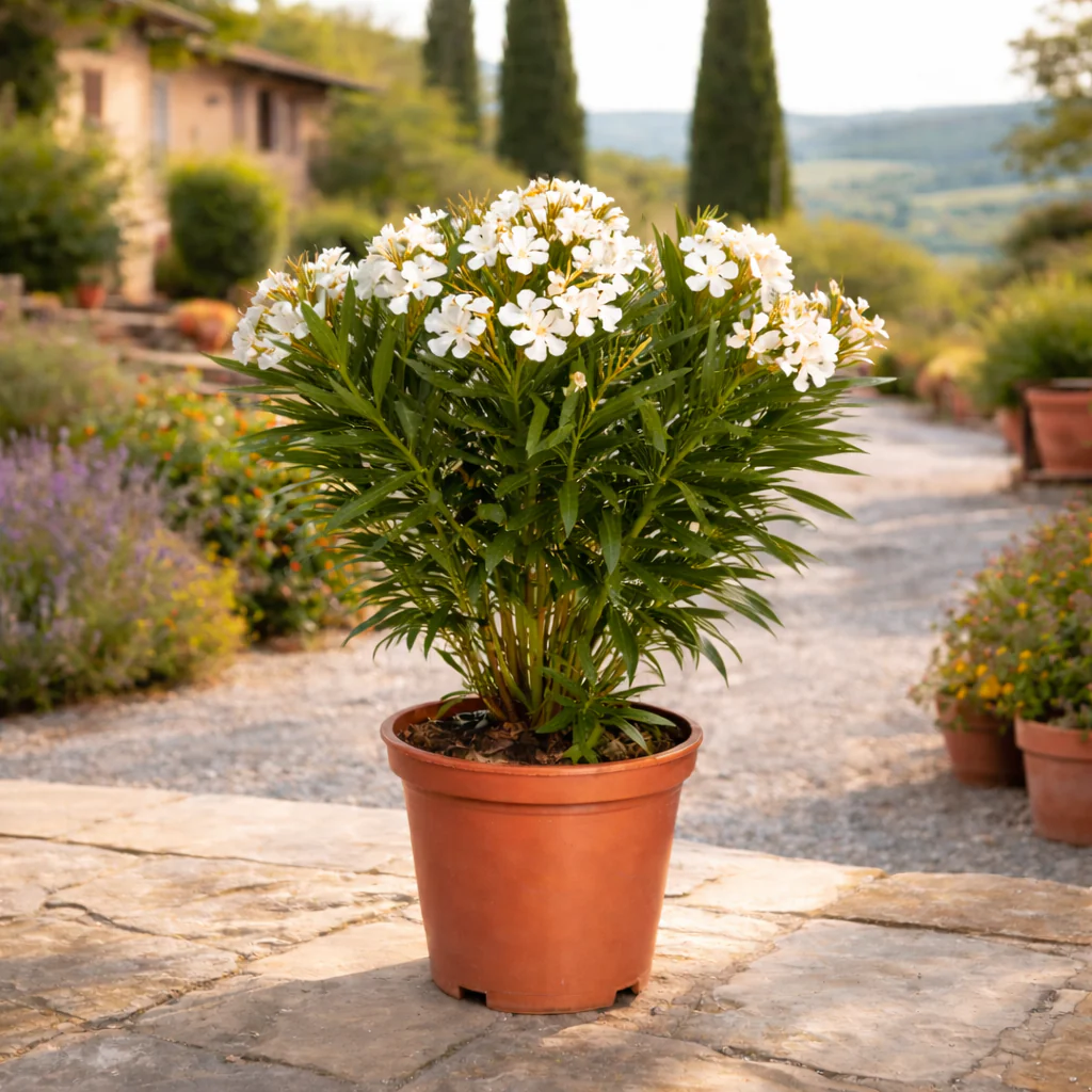 Exotenherz - Nerium Oleander 20cm Topf in weiss blühend, ungefüllt, 70-80cm hoch - Image 2