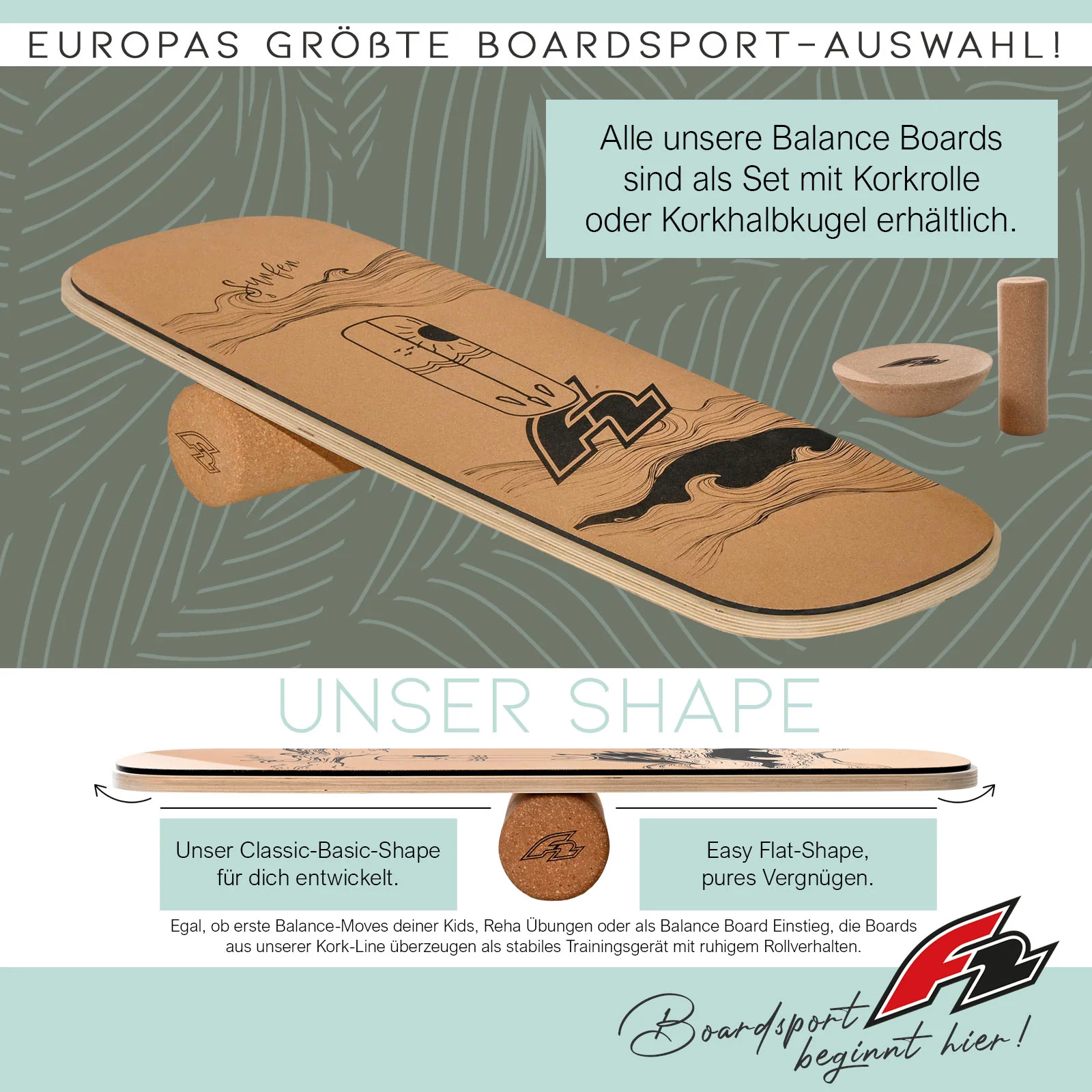 F2 Kork Balance Board Surf 84x31cm mit Korkrolle + Kork Halbkugel - Image 10
