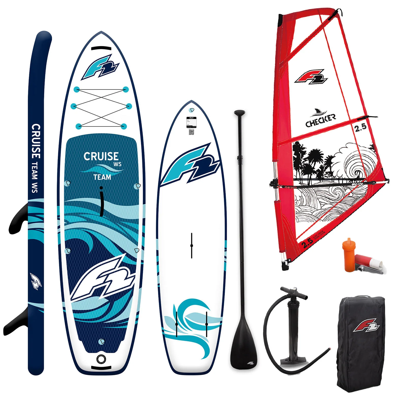 F2 Set Cruise Team SUP 11'6" mit Windsurfsegel Checker 2qm