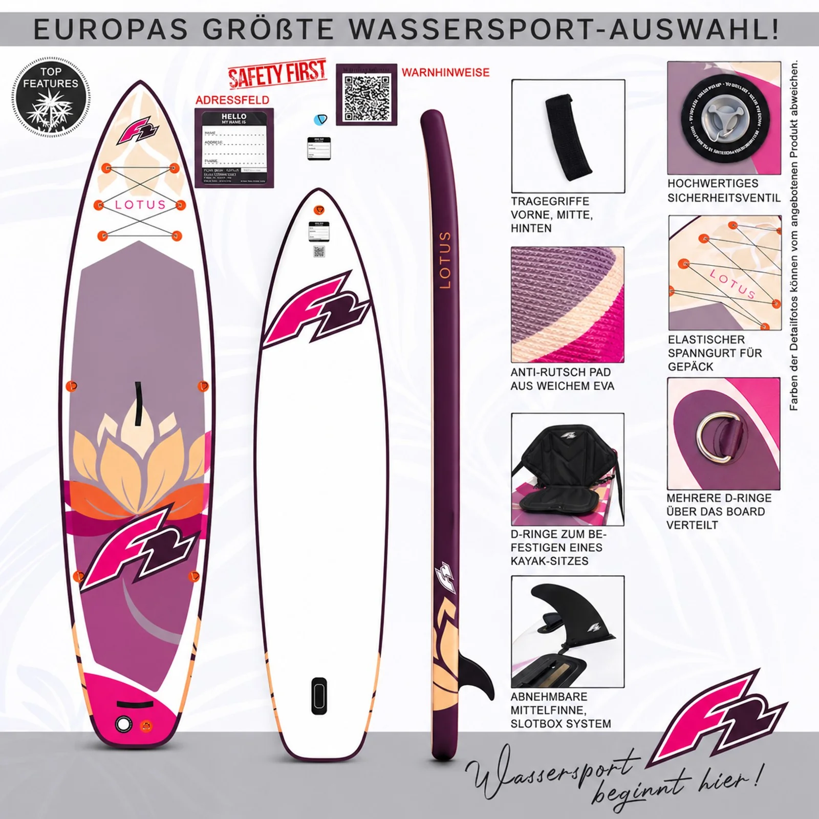 F2 Set Damen Stand Up Paddle Board Lotus Lila 10,6 + Basic Zubehör Paket - Image 2