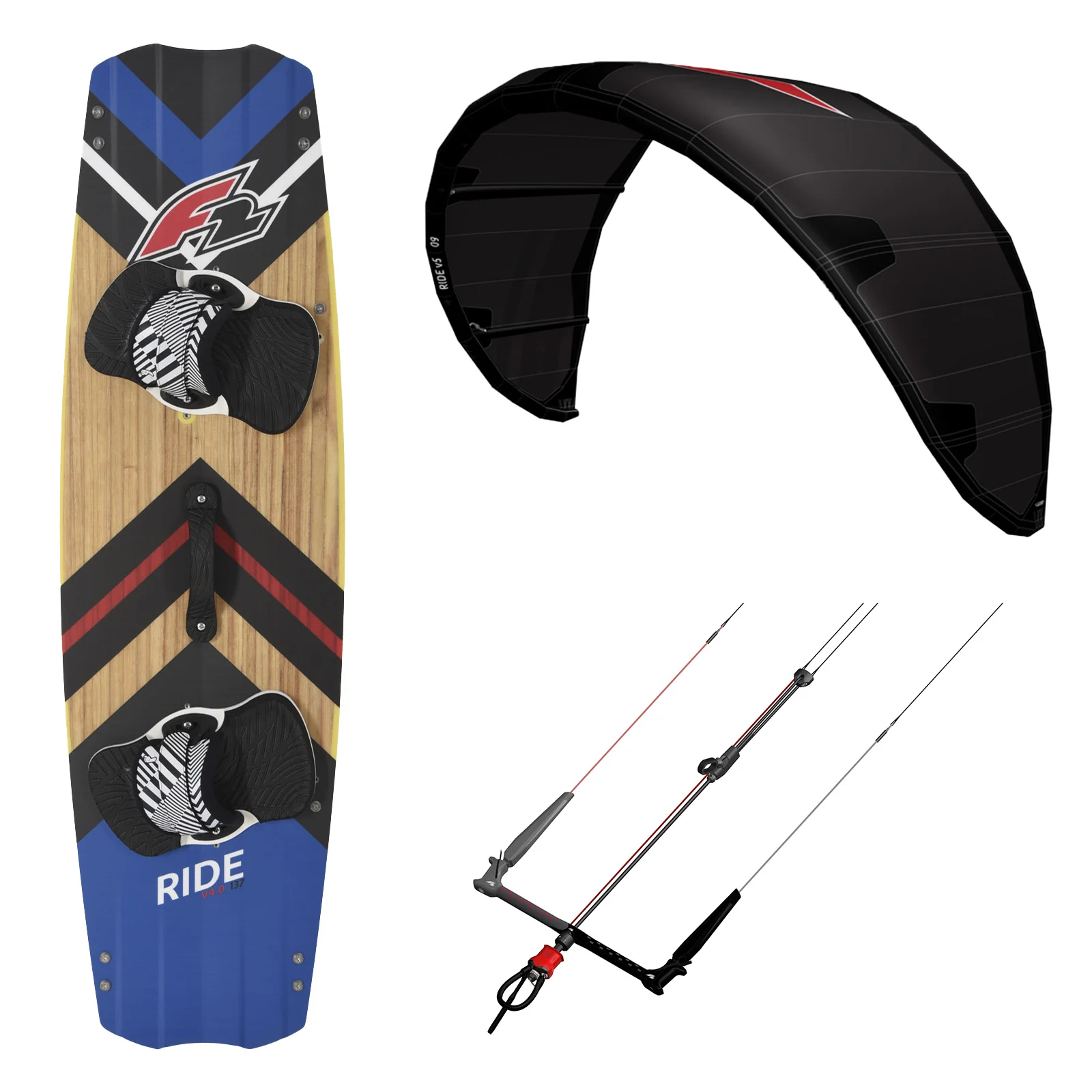 F2 Set Kite Ride V5 12qm+Kiteboard Ride Wood 137cm +Control Bar 52cm - Image 17