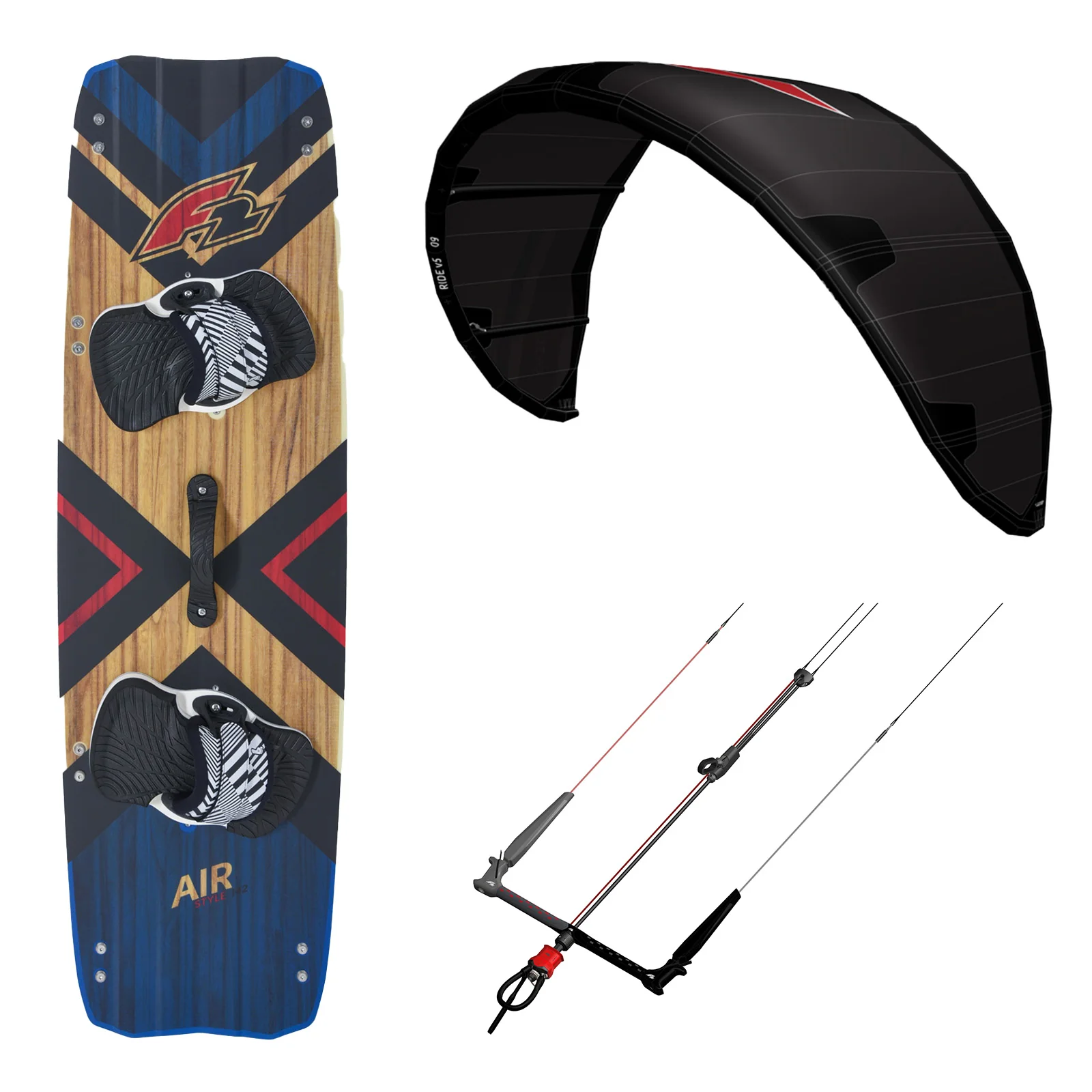 F2 Set Kite Ride V5 9qm + Kiteboard Air Wood 142cm + Control Bar 46cm