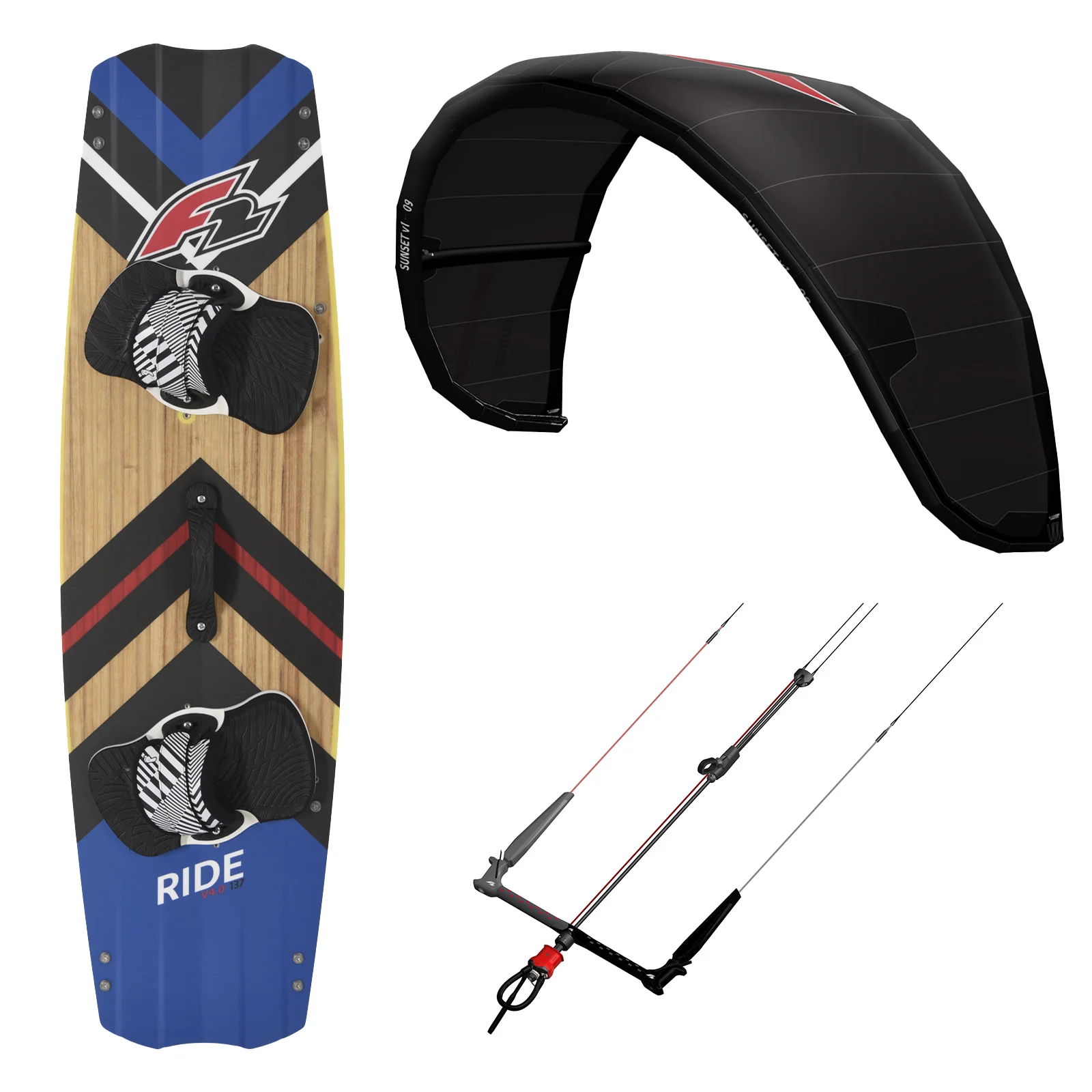 F2 Set Kite Sunset V1 15qm+Kiteboard Ride Wood 137cm +Control Bar 52cm - Image 5