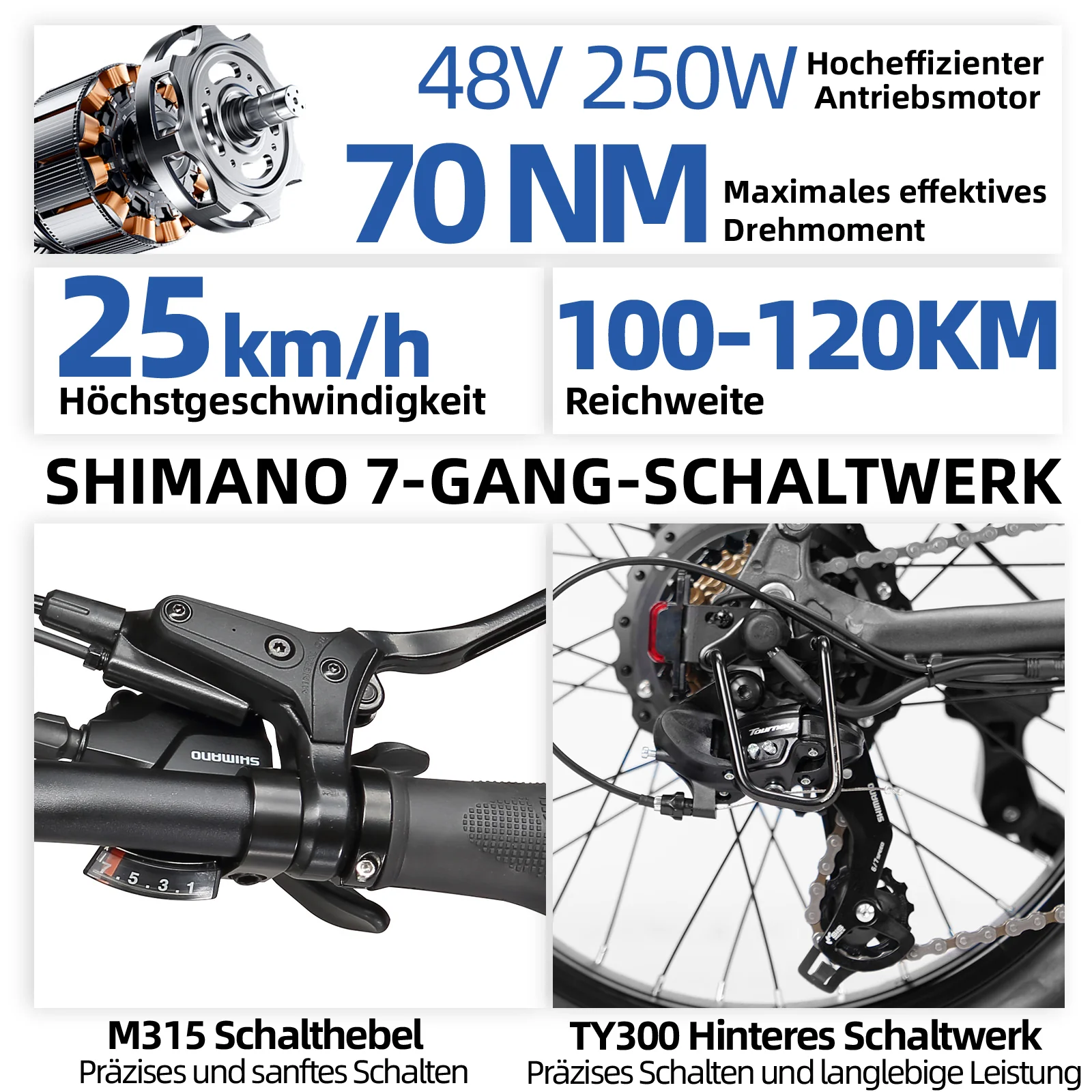 F7 20" 48V 250W Hinterradmotor 70Nm 48V15Ah Akku 100-120km Reichweite E-Bike mit Vollfederung - Image 22