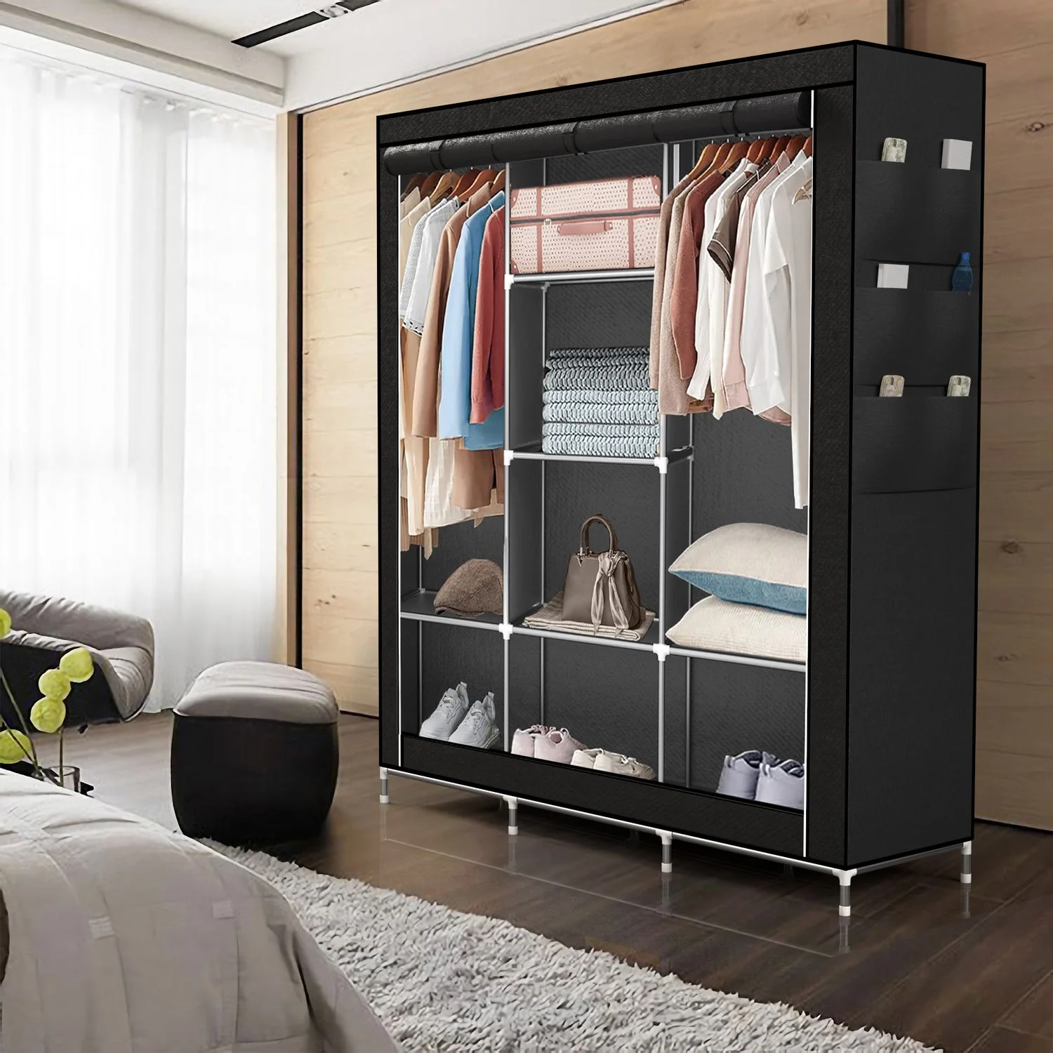 Faltschrank 130x175x45 cm Kleiderschrank aus Stoff mit Reißverschluss Kleiderstange - Image 10