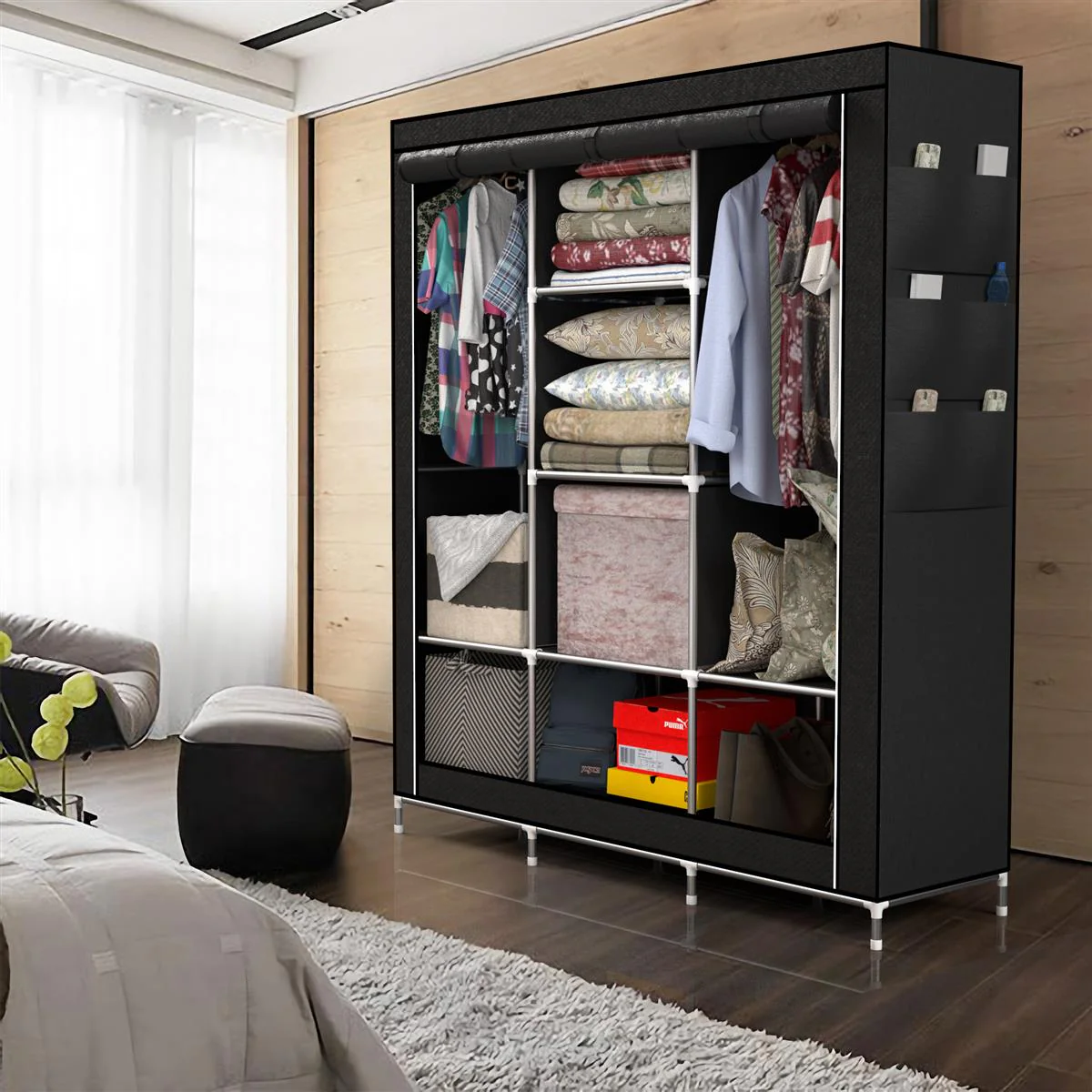 Faltschrank 130x175x45 cm Kleiderschrank aus Stoff mit Reißverschluss Kleiderstange - Image 12